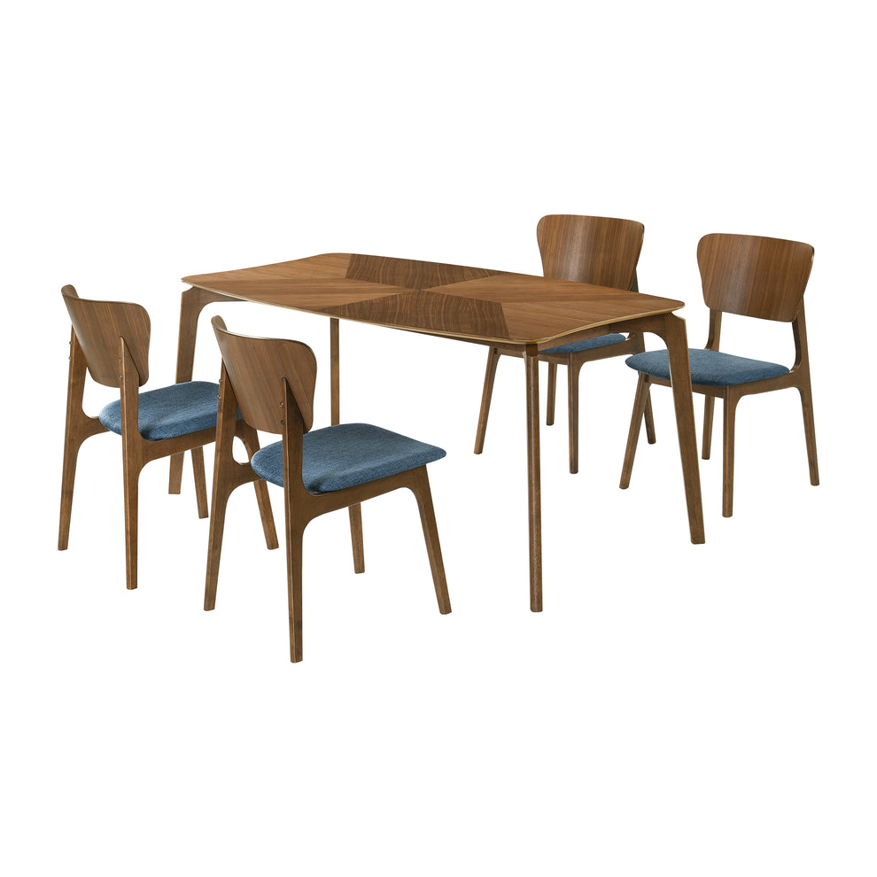 Kalia 5 Piece Wood Dining Set in Walnut Finish with Blue Fabric By Armen Living | Dining Sets | Modishstore - 2