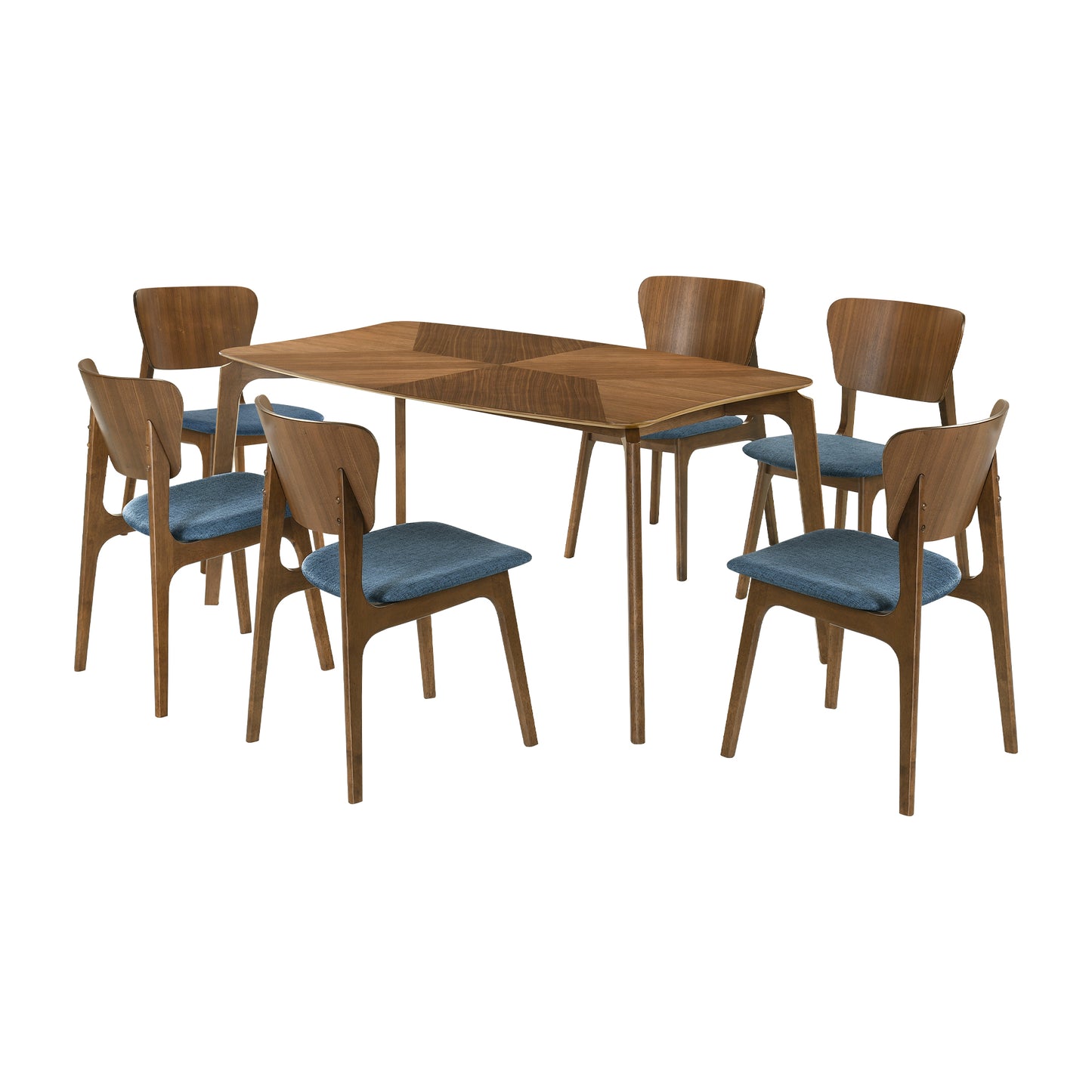 Kalia 7 Piece Wood Dining Set in Walnut Finish with Blue Fabric By Armen Living | Dining Sets | Modishstore - 2