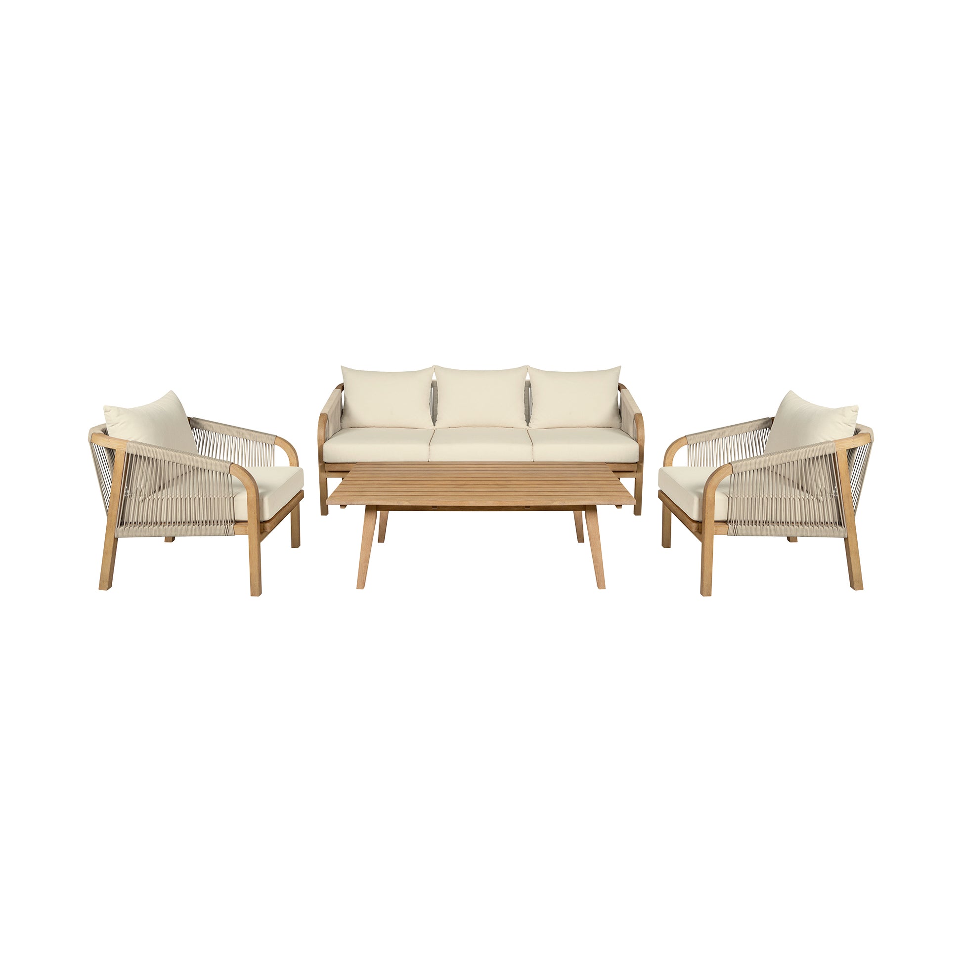 Cypress Outdoor Patio 4 Piece Conversation Set in Blonde Eucalyptus Wood and Light Gray Rope with Ivory Olefin Cushions By Armen Living | Outdoor Sofas, Loveseats & Sectionals | Modishstore - 2