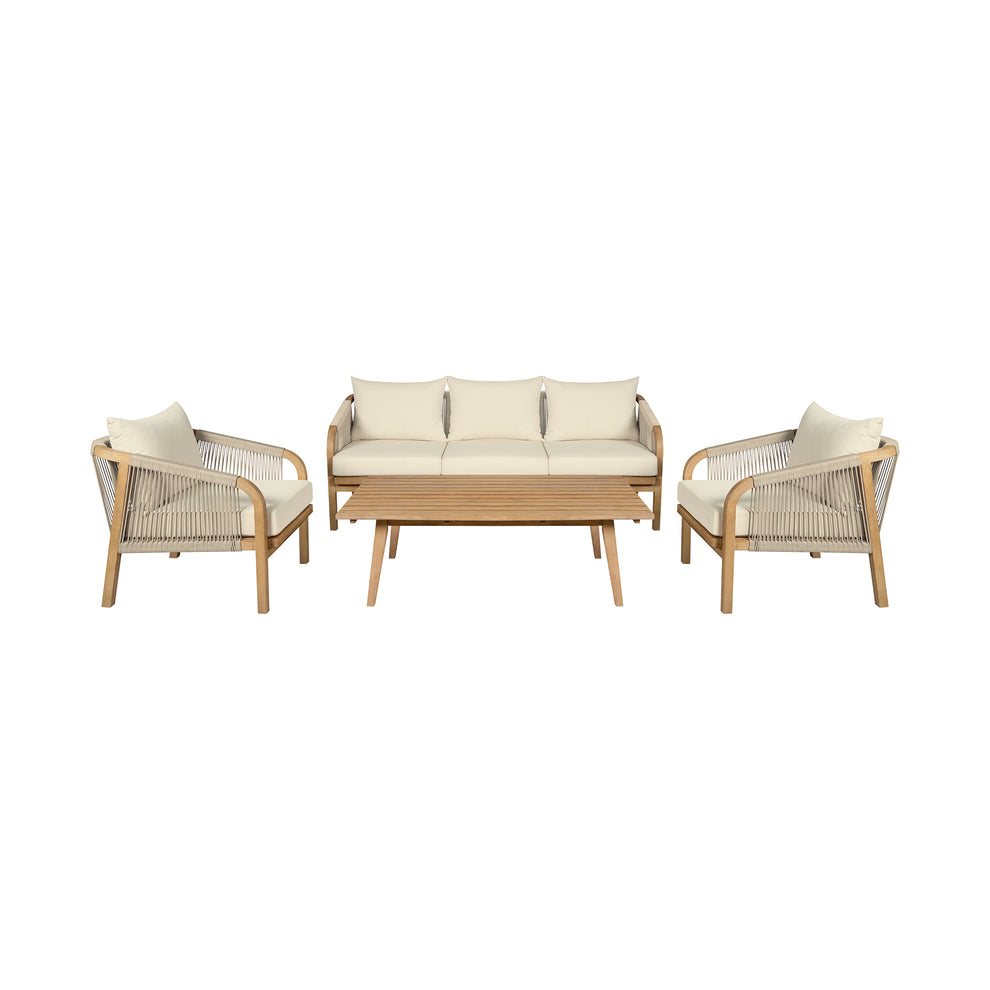 Cypress Outdoor Patio 4 Piece Conversation Set in Blonde Eucalyptus Wood and Light Gray Rope with Ivory Olefin Cushions By Armen Living | Outdoor Sofas, Loveseats & Sectionals | Modishstore - 2
