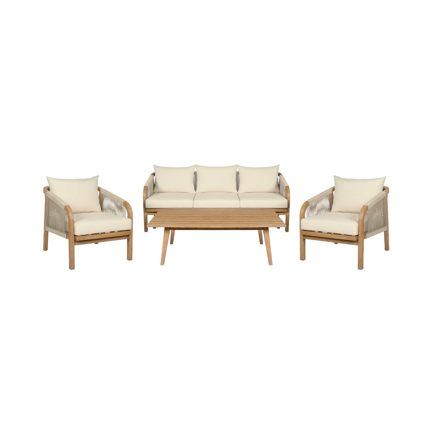 Cypress Outdoor Patio 4 Piece Conversation Set in Blonde Eucalyptus Wood and Light Gray Rope with Ivory Olefin Cushions By Armen Living | Outdoor Sofas, Loveseats & Sectionals | Modishstore - 3