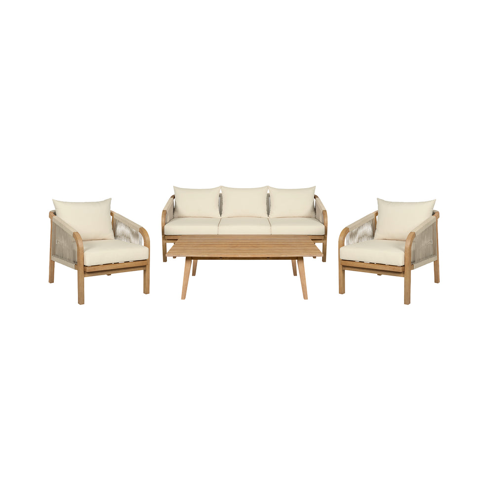 Cypress Outdoor Patio 4 Piece Conversation Set in Blonde Eucalyptus Wood and Light Gray Rope with Ivory Olefin Cushions By Armen Living | Outdoor Sofas, Loveseats & Sectionals | Modishstore - 3