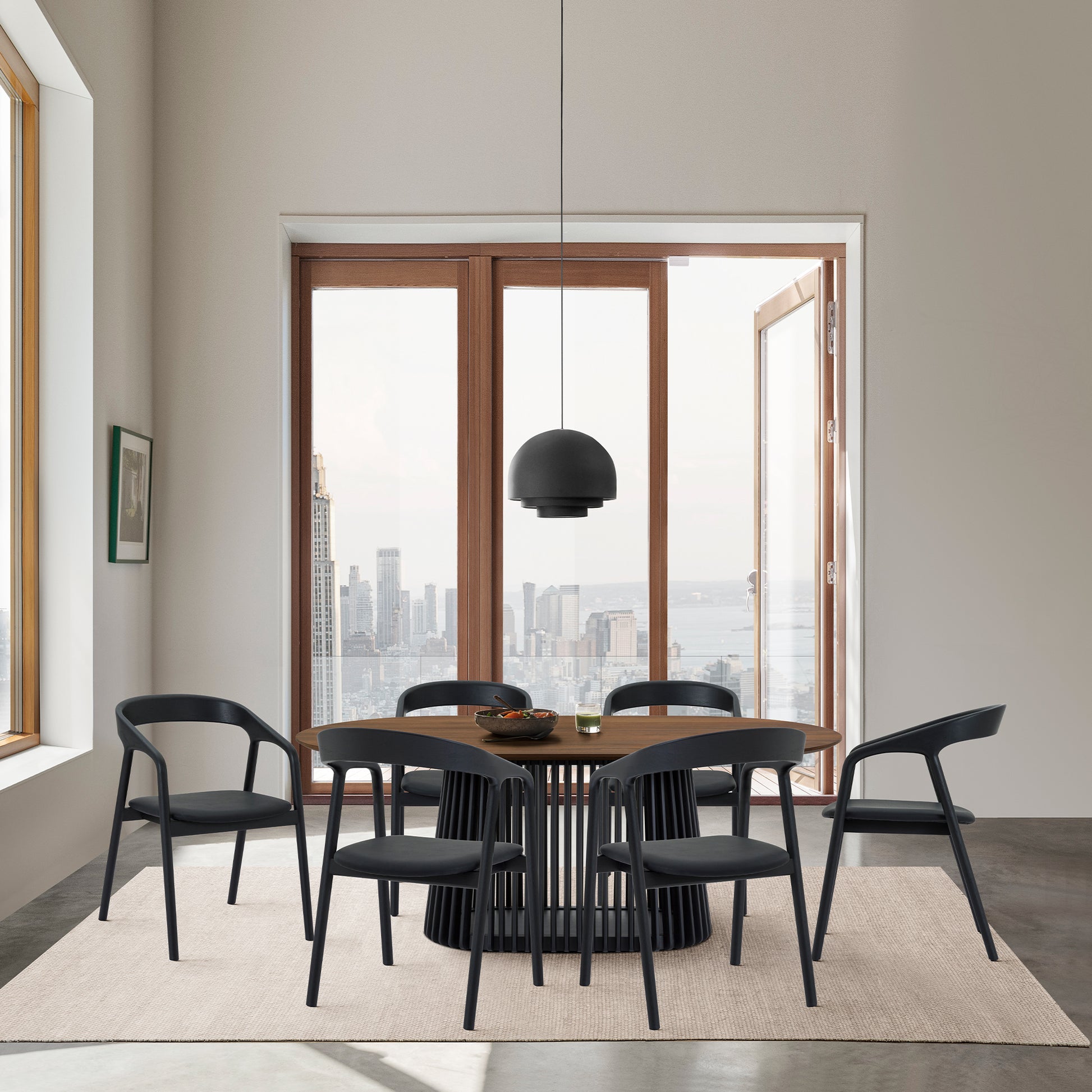 Pasadena Apache 7 Piece Oval Dining Set in Walnut and Black Oak Finish with Faux Leather  By Armen Living | Dining Sets | Modishstore