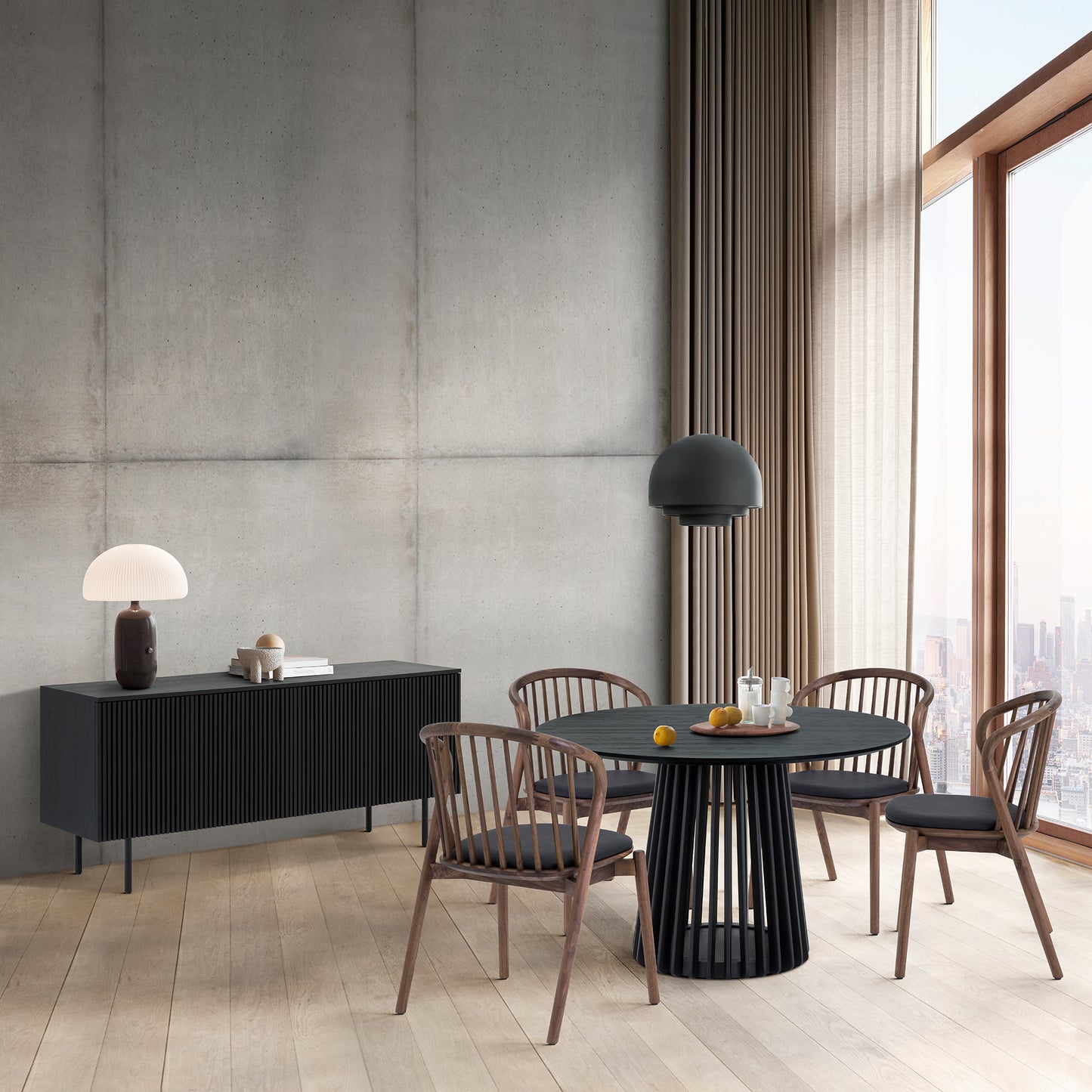 Pasadena Echo 6 Piece Round Dining Set with Buffet in Black Oak Finish and Walnut Finish Chairs By Armen Living | Dining Sets | Modishstore