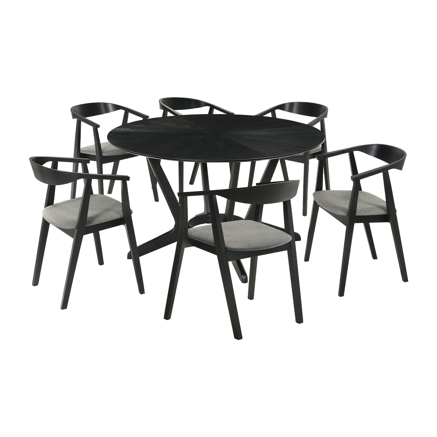 Santana 7 Piece Round Black Wood Dining Table Set with Charcoal Fabric By Armen Living | Dining Sets | Modishstore - 2