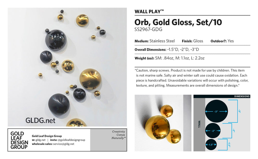 Wall Play™: Orb, Gold Gloss, Set/10 By Gold Leaf | Wall Art | Modishstore - 11