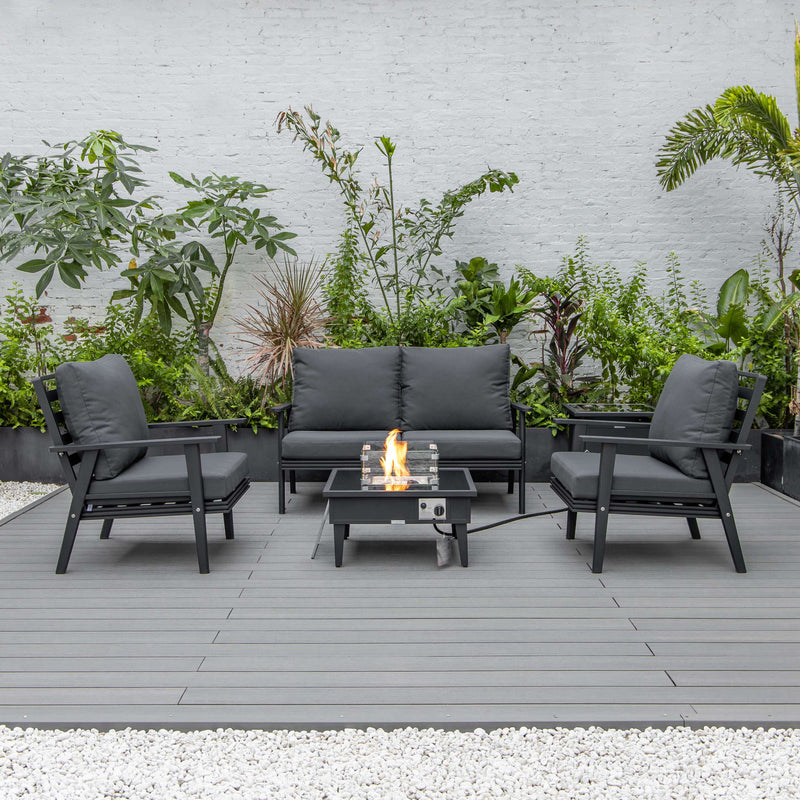 LeisureMod Walbrooke Modern Black Patio Conversation With Square Fire Pit & Tank Holder | Outdoor Sofas, Loveseats & Sectionals | Modishstore