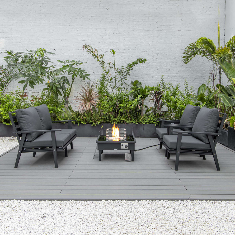 LeisureMod Walbrooke Modern Black Patio Conversation With Square Fire Pit & Tank Holder | Outdoor Sofas, Loveseats & Sectionals | Modishstore - 2