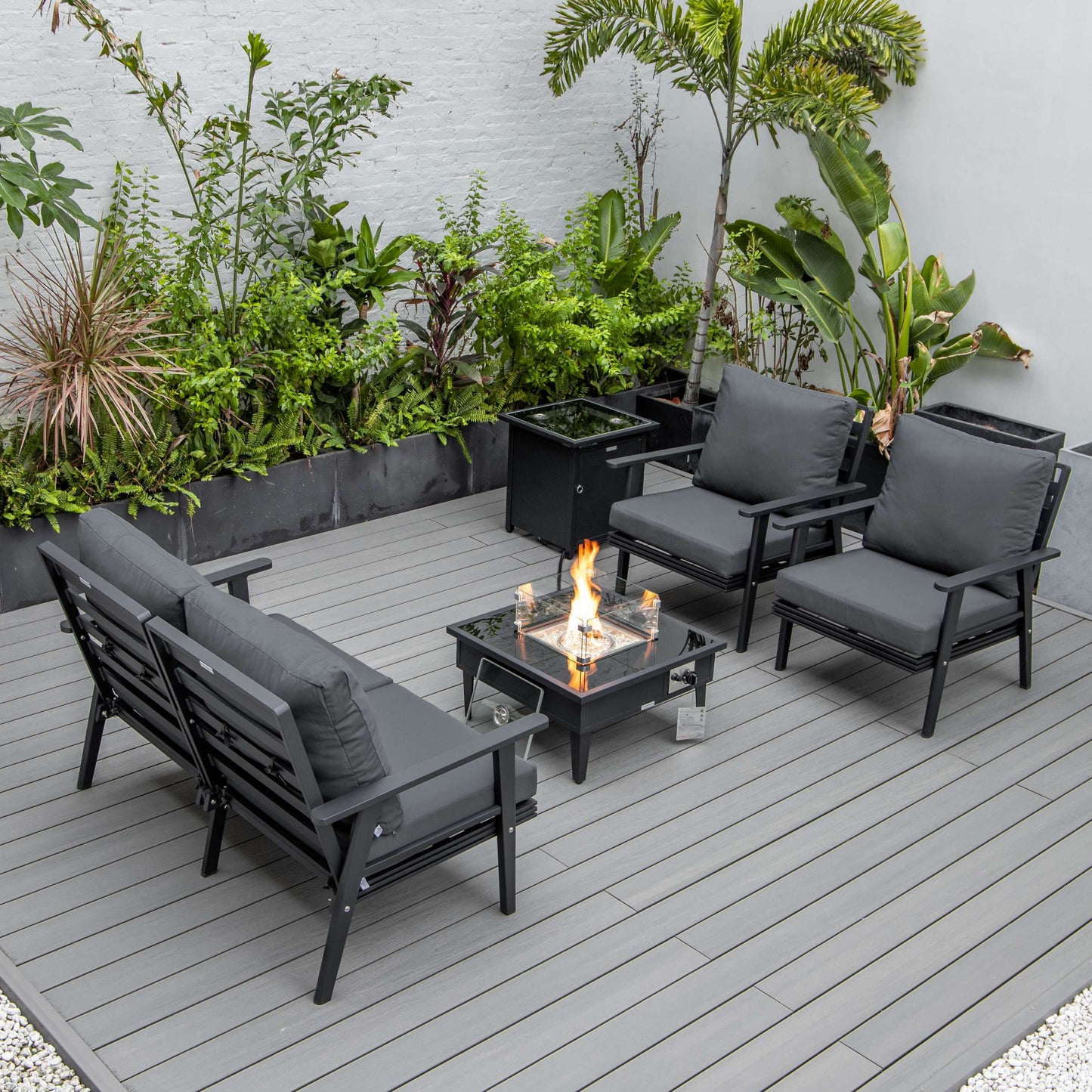 LeisureMod Walbrooke Modern Black Patio Conversation With Square Fire Pit & Tank Holder | Outdoor Sofas, Loveseats & Sectionals | Modishstore - 3