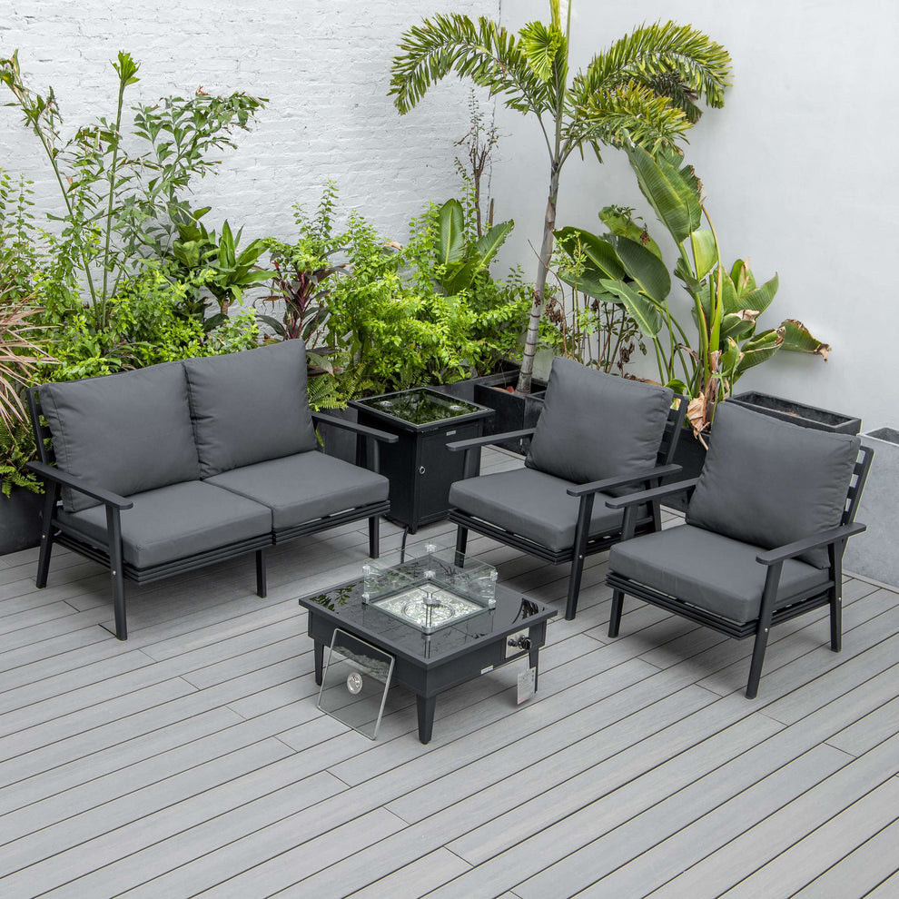LeisureMod Walbrooke Modern Black Patio Conversation With Square Fire Pit & Tank Holder | Outdoor Sofas, Loveseats & Sectionals | Modishstore - 4