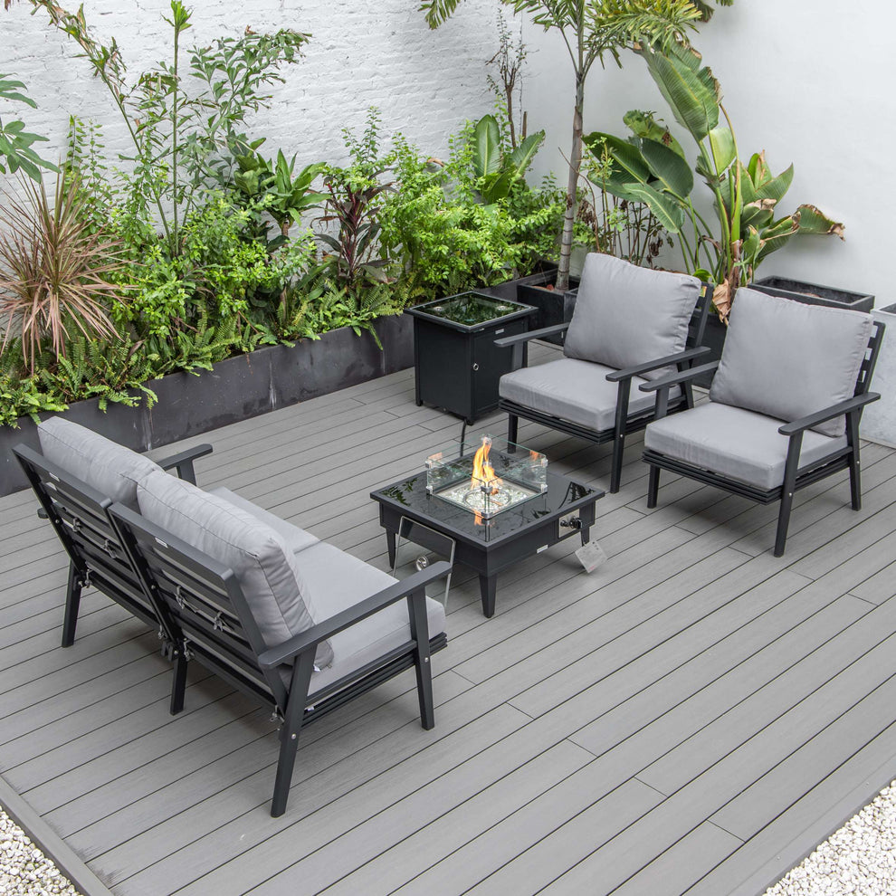 LeisureMod Walbrooke Modern Black Patio Conversation With Square Fire Pit & Tank Holder | Outdoor Sofas, Loveseats & Sectionals | Modishstore - 48