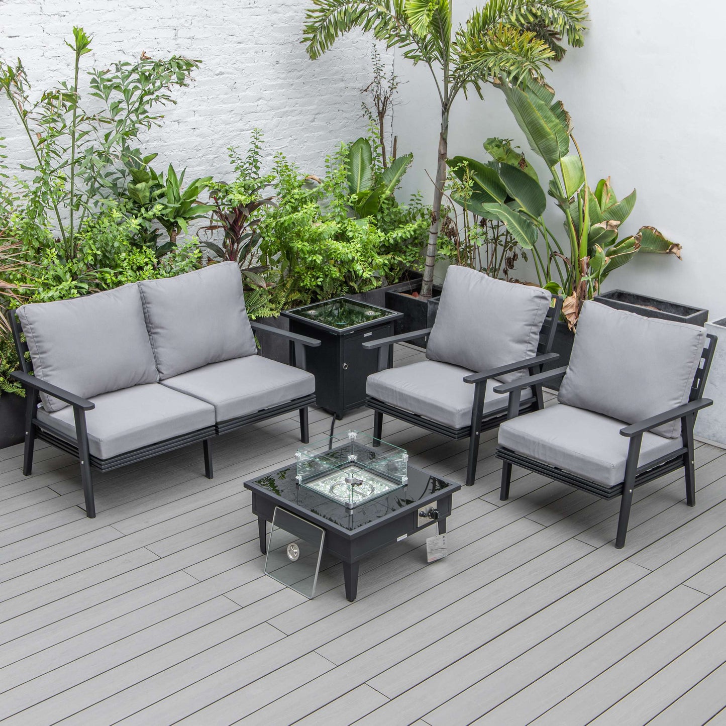 LeisureMod Walbrooke Modern Black Patio Conversation With Square Fire Pit & Tank Holder | Outdoor Sofas, Loveseats & Sectionals | Modishstore - 49