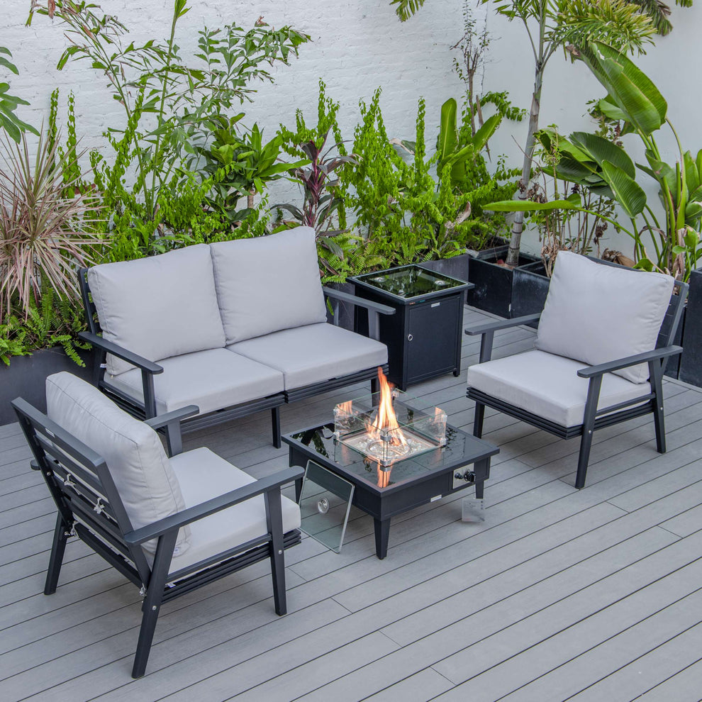 LeisureMod Walbrooke Modern Black Patio Conversation With Square Fire Pit & Tank Holder | Outdoor Sofas, Loveseats & Sectionals | Modishstore - 39