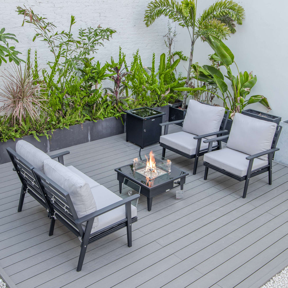 LeisureMod Walbrooke Modern Black Patio Conversation With Square Fire Pit & Tank Holder | Outdoor Sofas, Loveseats & Sectionals | Modishstore - 36