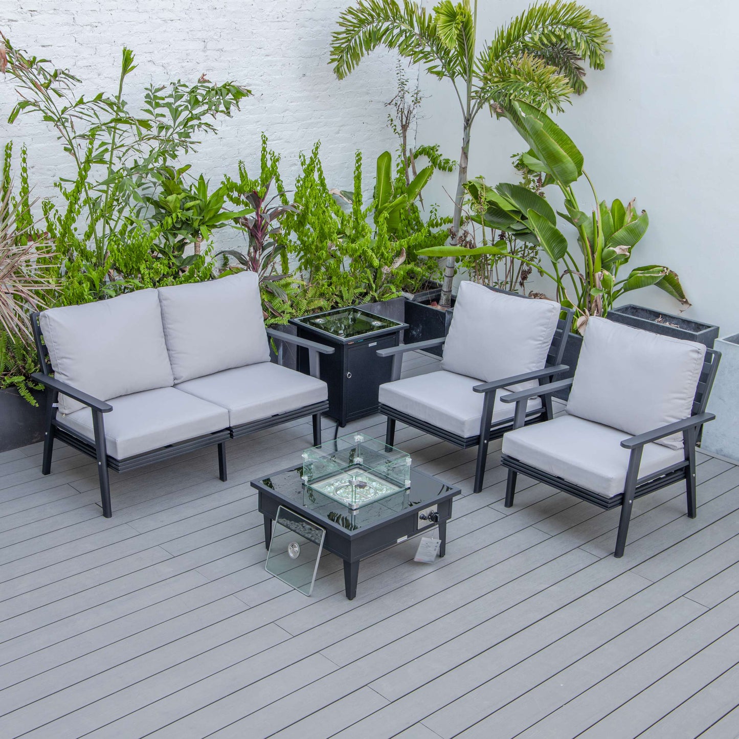 LeisureMod Walbrooke Modern Black Patio Conversation With Square Fire Pit & Tank Holder | Outdoor Sofas, Loveseats & Sectionals | Modishstore - 38