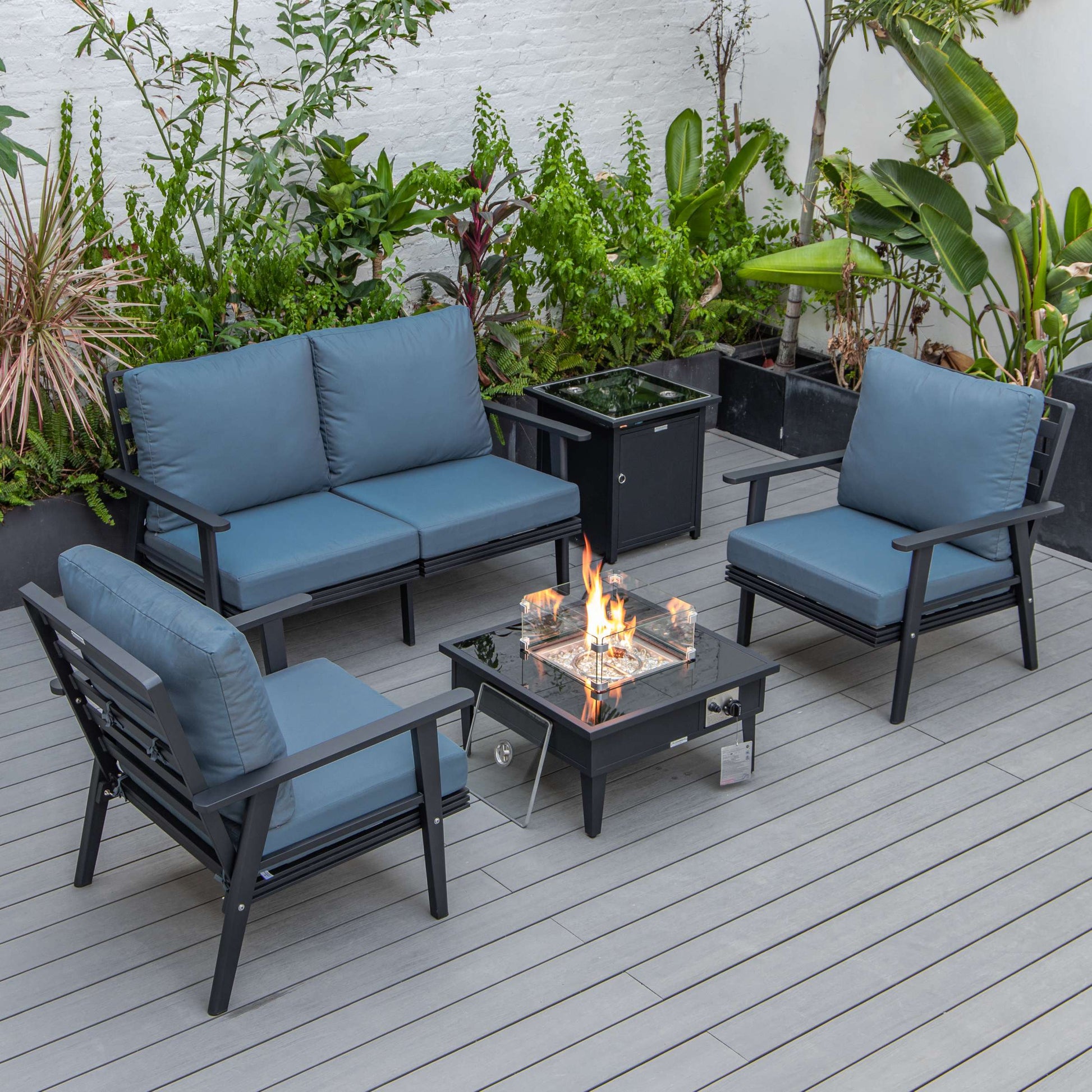 LeisureMod Walbrooke Modern Black Patio Conversation With Square Fire Pit & Tank Holder | Outdoor Sofas, Loveseats & Sectionals | Modishstore - 17