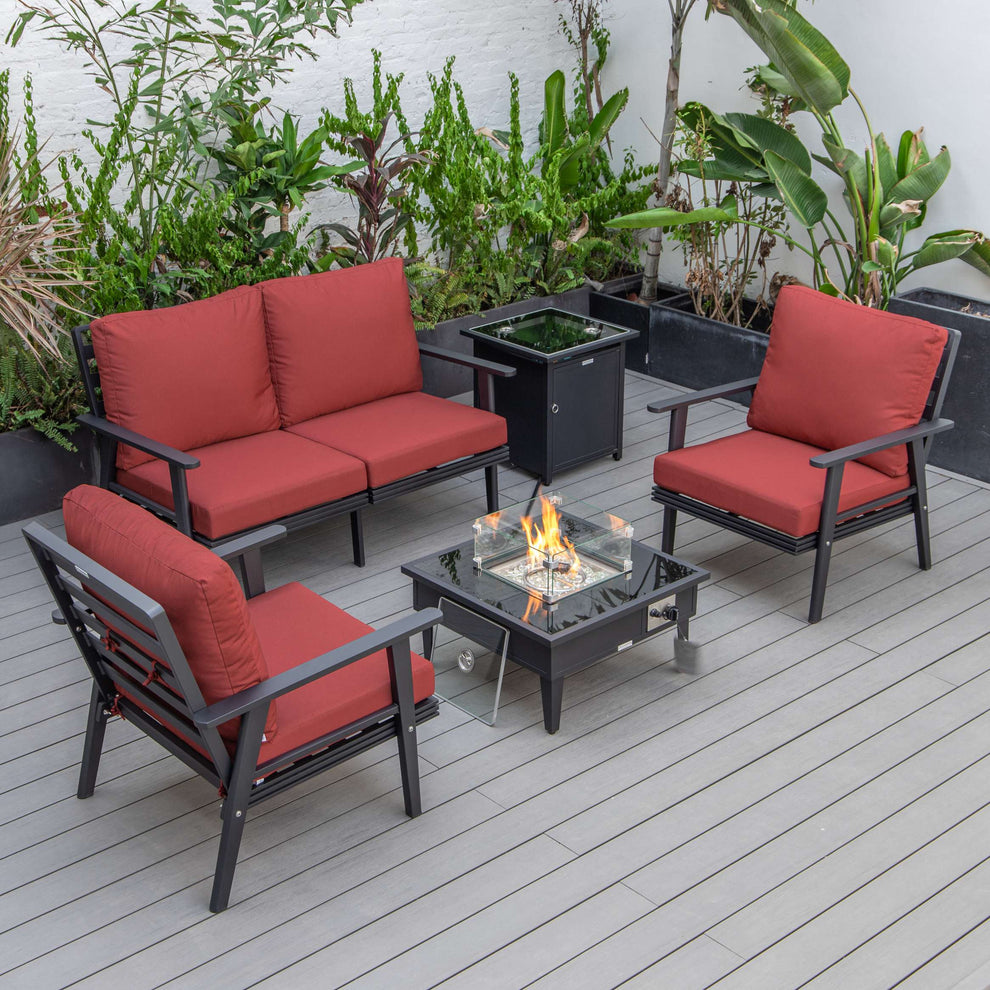 LeisureMod Walbrooke Modern Black Patio Conversation With Square Fire Pit & Tank Holder | Outdoor Sofas, Loveseats & Sectionals | Modishstore - 61