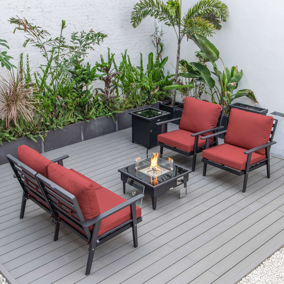 LeisureMod Walbrooke Modern Black Patio Conversation With Square Fire Pit & Tank Holder | Outdoor Sofas, Loveseats & Sectionals | Modishstore - 59