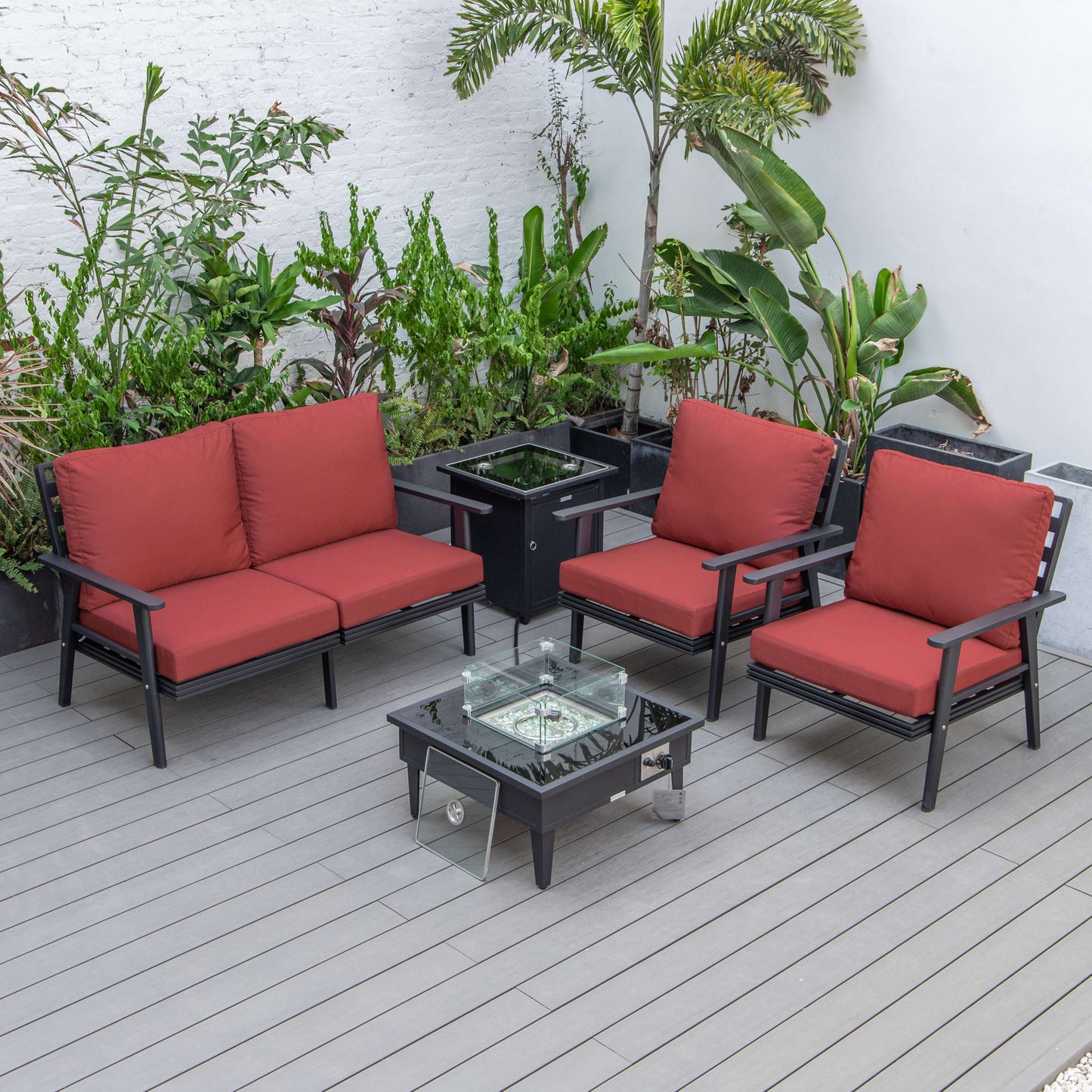 LeisureMod Walbrooke Modern Black Patio Conversation With Square Fire Pit & Tank Holder | Outdoor Sofas, Loveseats & Sectionals | Modishstore - 60