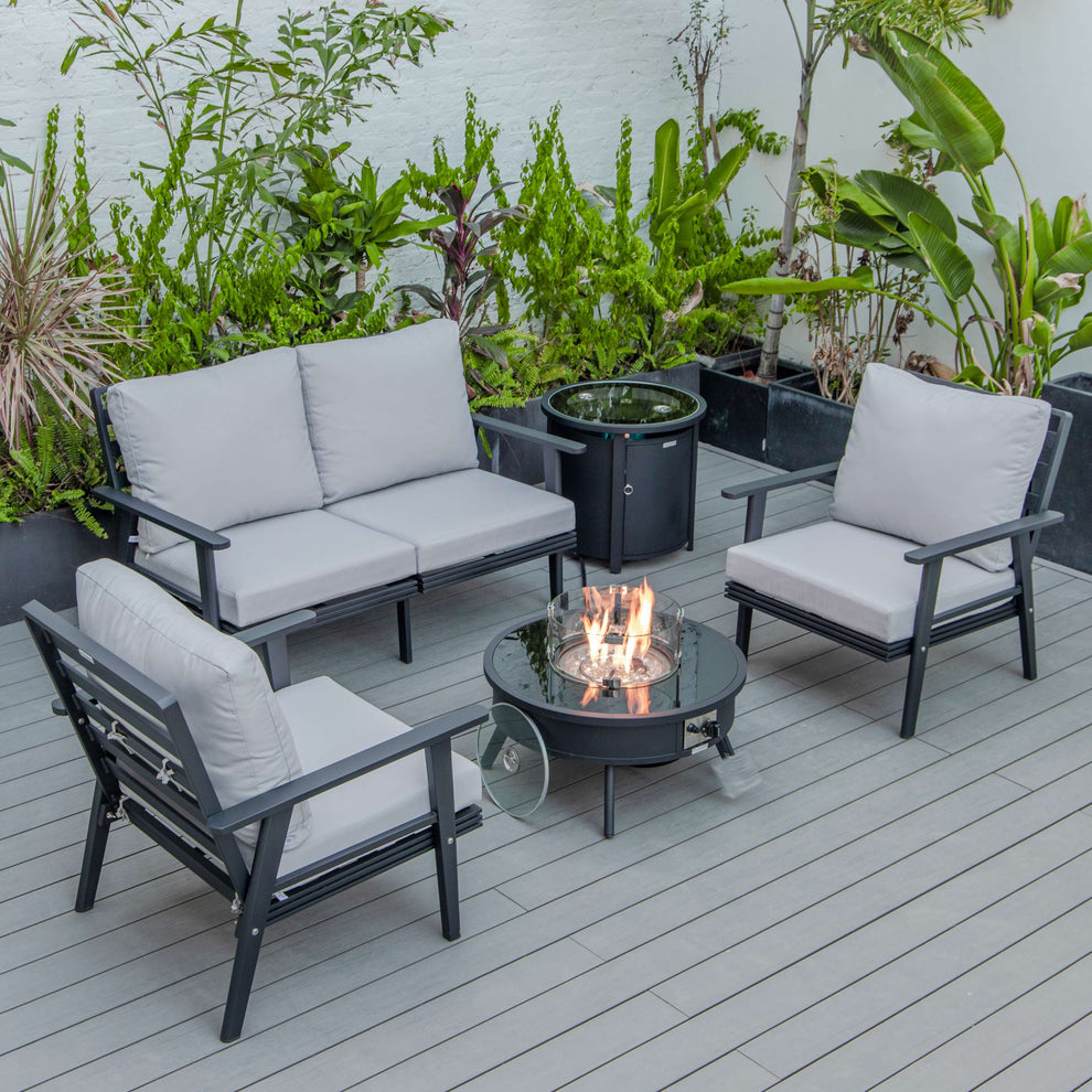 LeisureMod Walbrooke Modern Black Patio Conversation With Round Fire Pit & Tank Holder | Outdoor Sofas, Loveseats & Sectionals | Modishstore - 42
