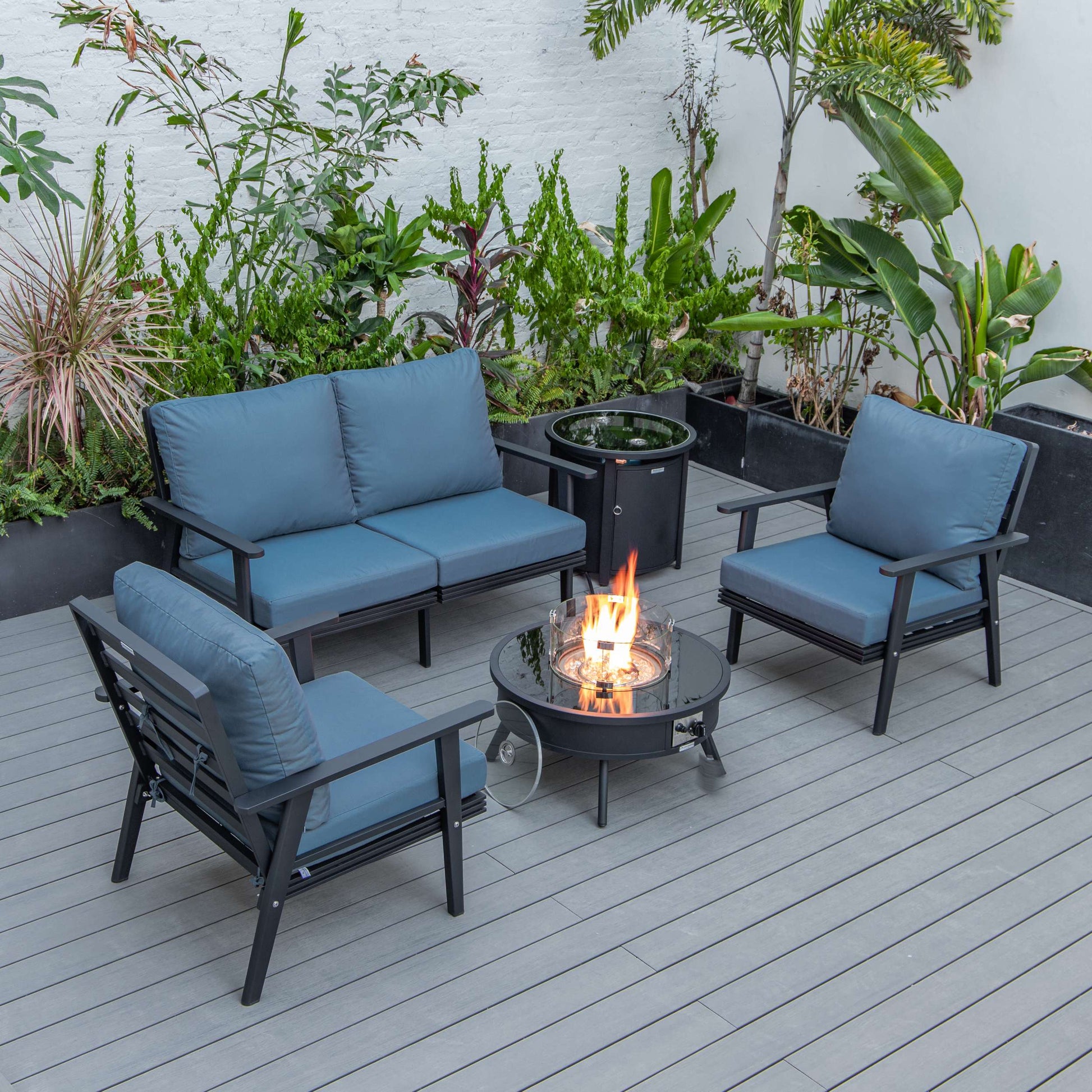 LeisureMod Walbrooke Modern Black Patio Conversation With Round Fire Pit & Tank Holder | Outdoor Sofas, Loveseats & Sectionals | Modishstore - 19