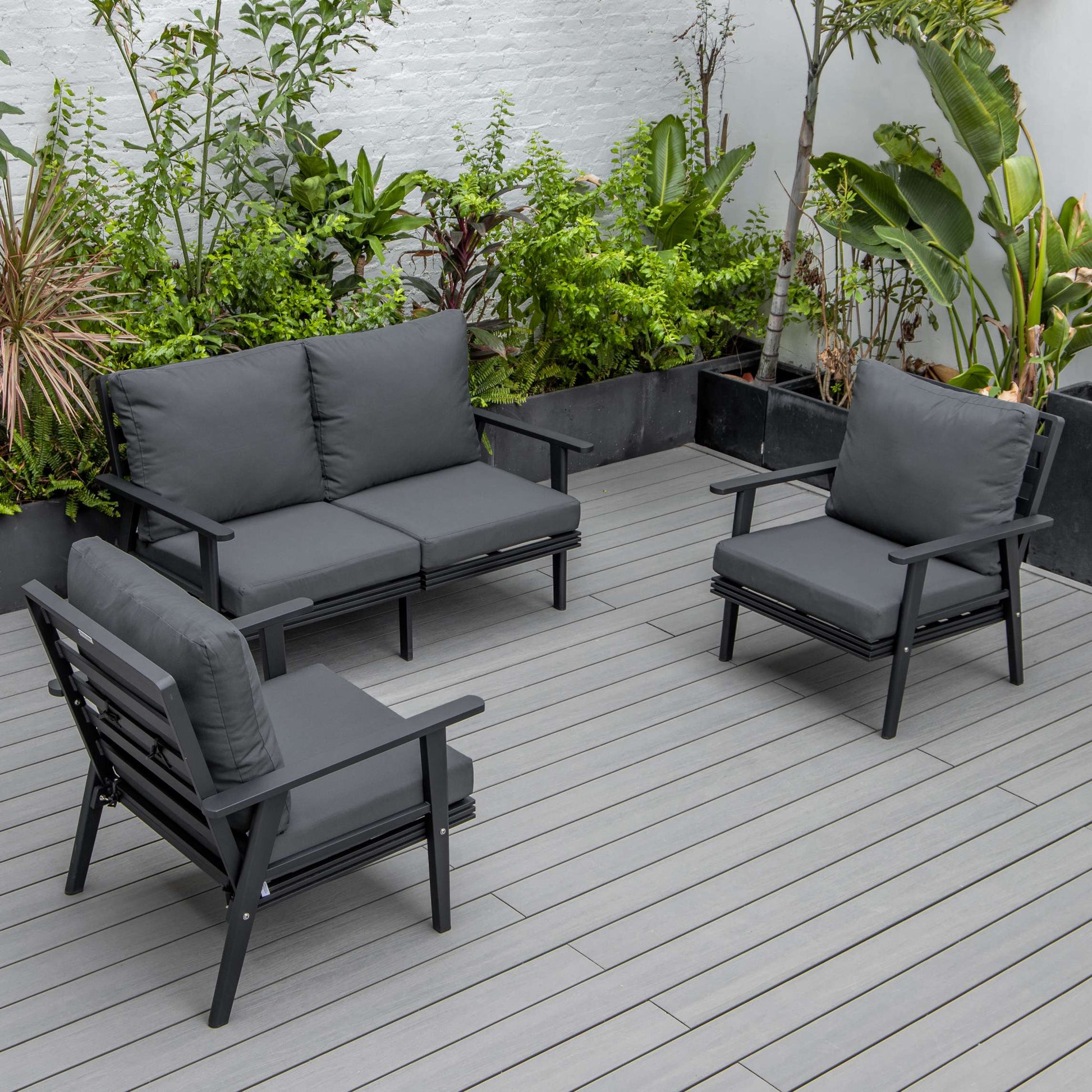 LeisureMod Walbrooke Modern 3-Piece Outdoor Patio Set with Black Aluminum Frame and Removable Cushions Loveseat and Armchairs for Patio and Backyard Garden | Outdoor Sofas, Loveseats & Sectionals | Modishstore - 17