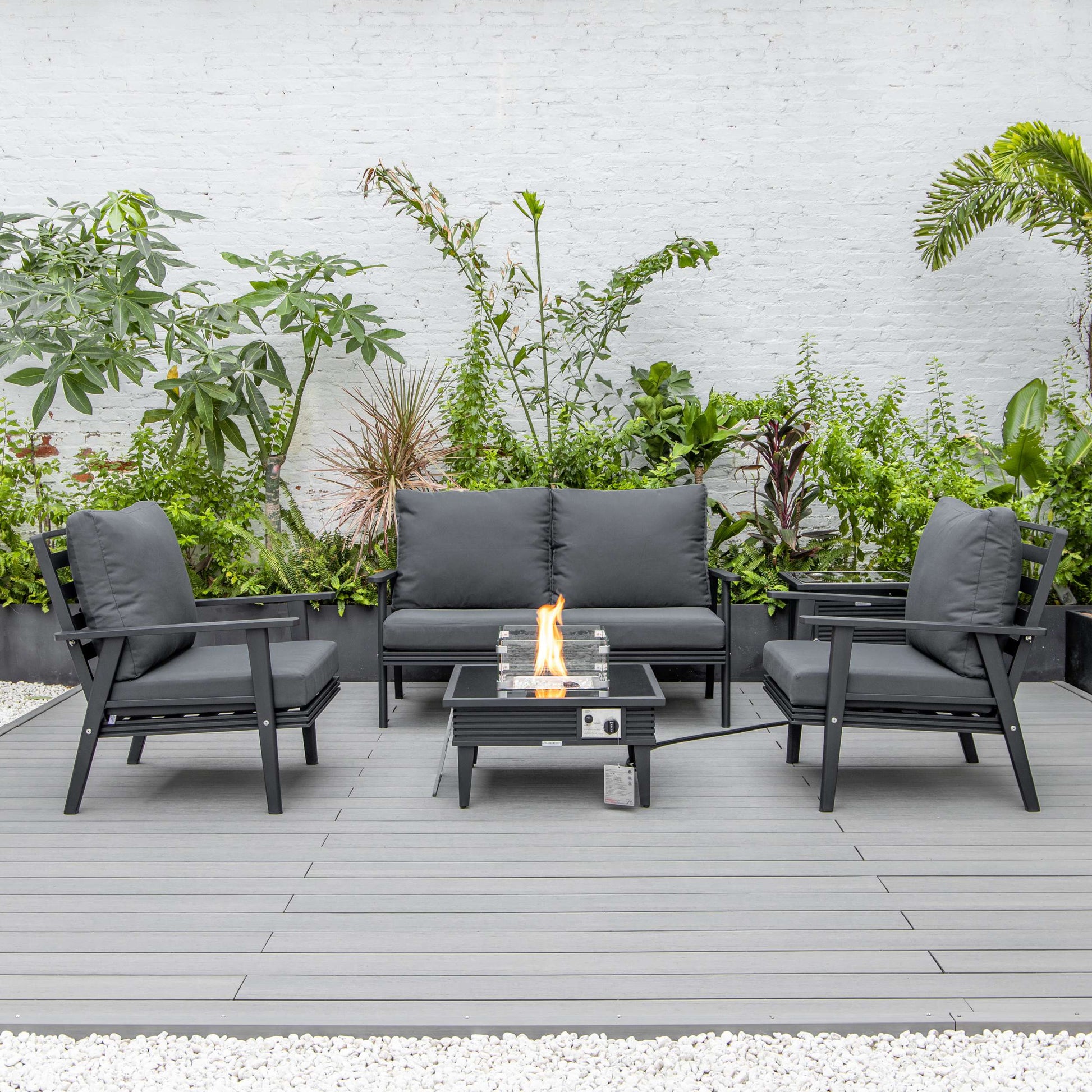 LeisureMod Walbrooke Modern Black Patio Conversation With Square Fire Pit With Slats Design & Tank Holder | Outdoor Sofas, Loveseats & Sectionals | Modishstore