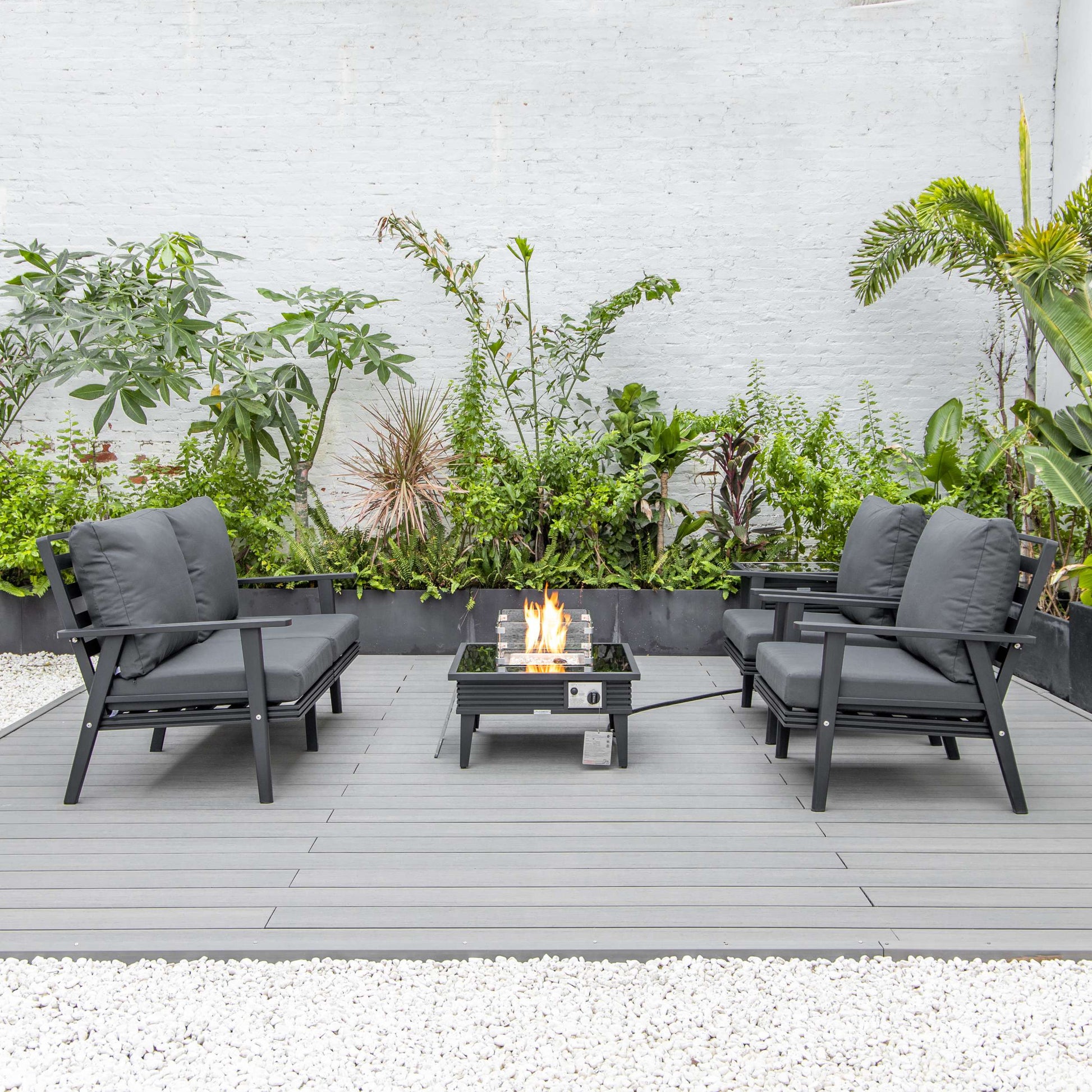 LeisureMod Walbrooke Modern Black Patio Conversation With Square Fire Pit With Slats Design & Tank Holder | Outdoor Sofas, Loveseats & Sectionals | Modishstore - 2