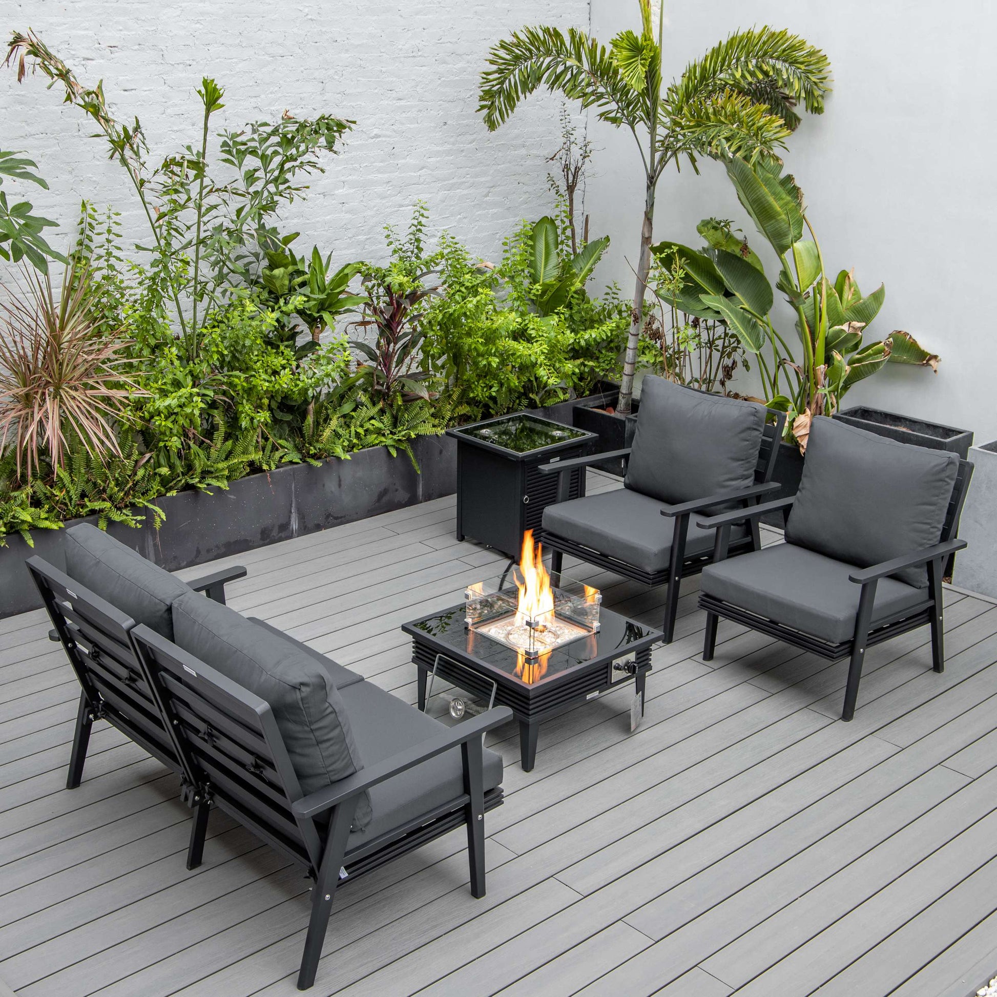 LeisureMod Walbrooke Modern Black Patio Conversation With Square Fire Pit With Slats Design & Tank Holder | Outdoor Sofas, Loveseats & Sectionals | Modishstore - 3