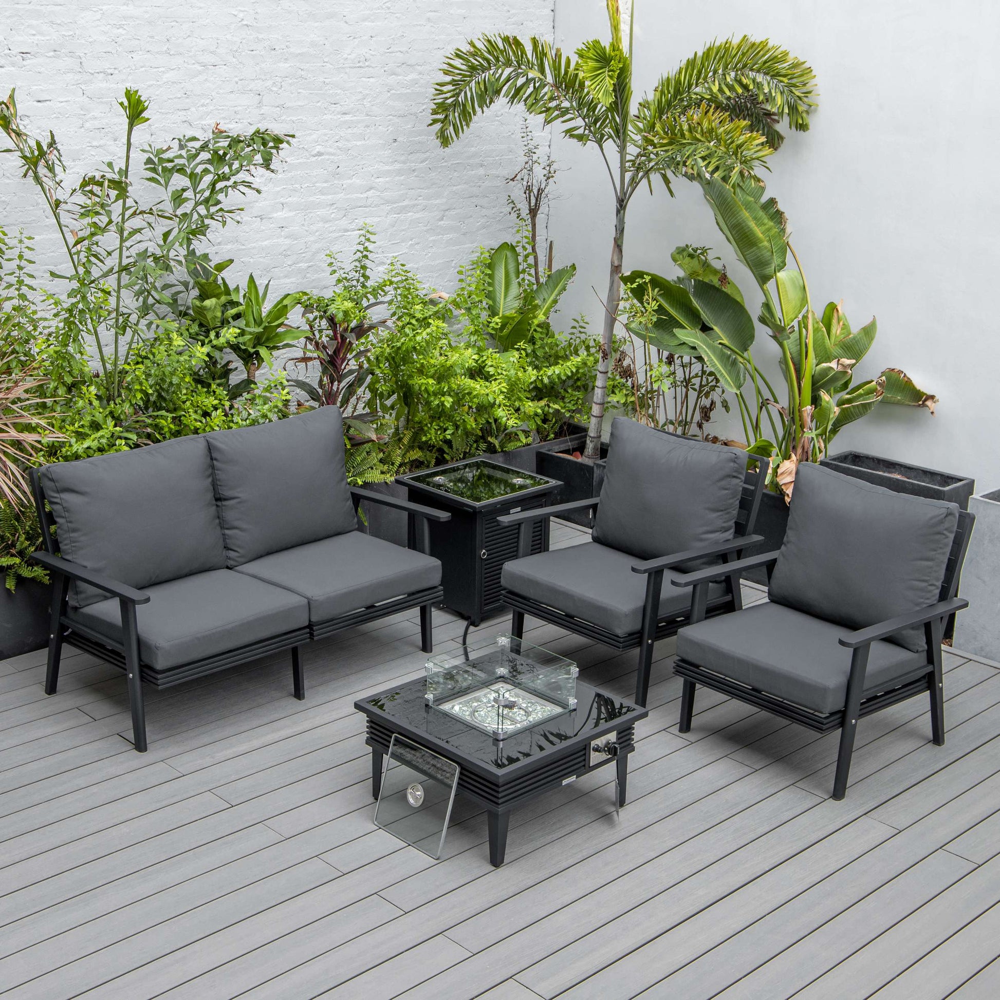 LeisureMod Walbrooke Modern Black Patio Conversation With Square Fire Pit With Slats Design & Tank Holder | Outdoor Sofas, Loveseats & Sectionals | Modishstore - 5