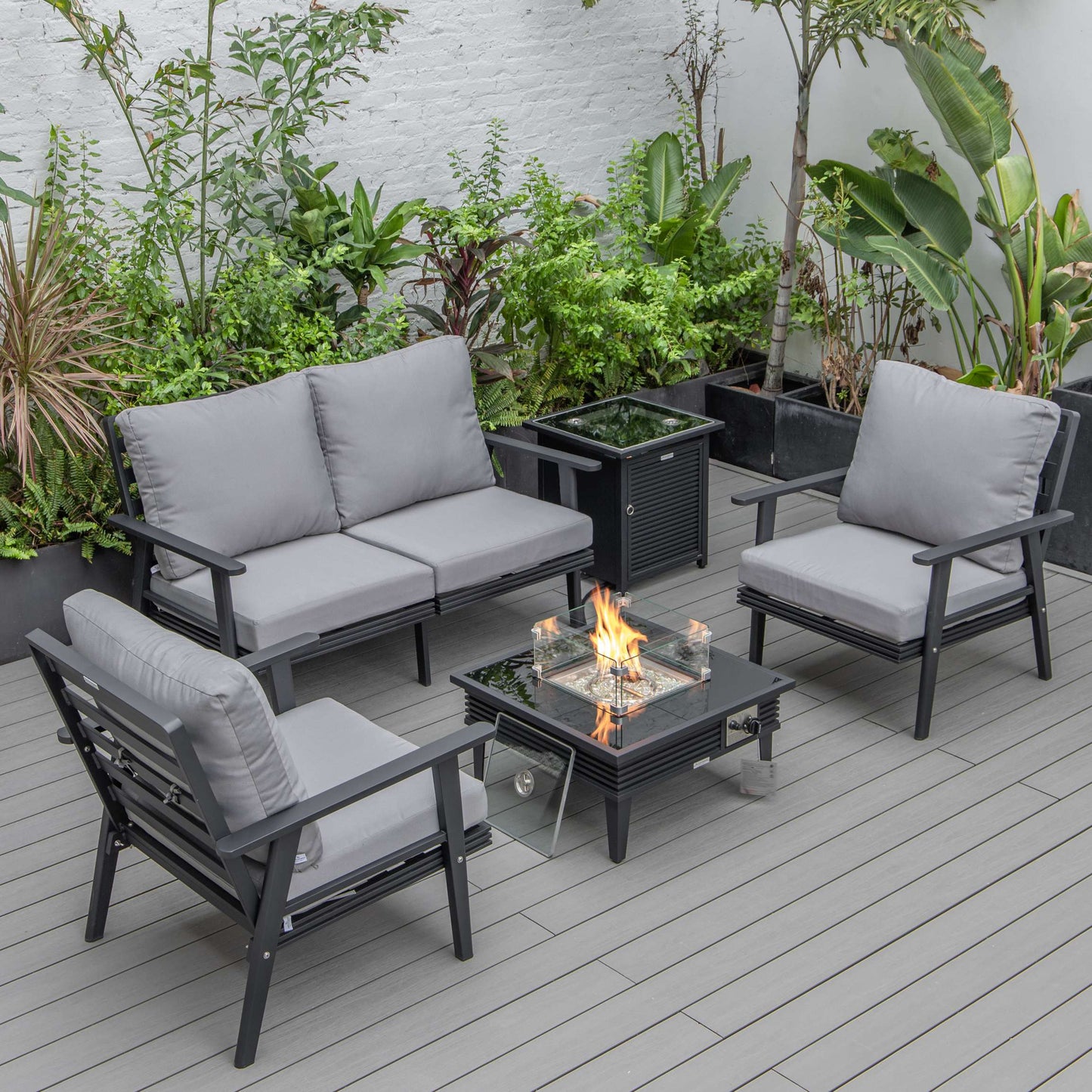 LeisureMod Walbrooke Modern Black Patio Conversation With Square Fire Pit With Slats Design & Tank Holder | Outdoor Sofas, Loveseats & Sectionals | Modishstore - 73