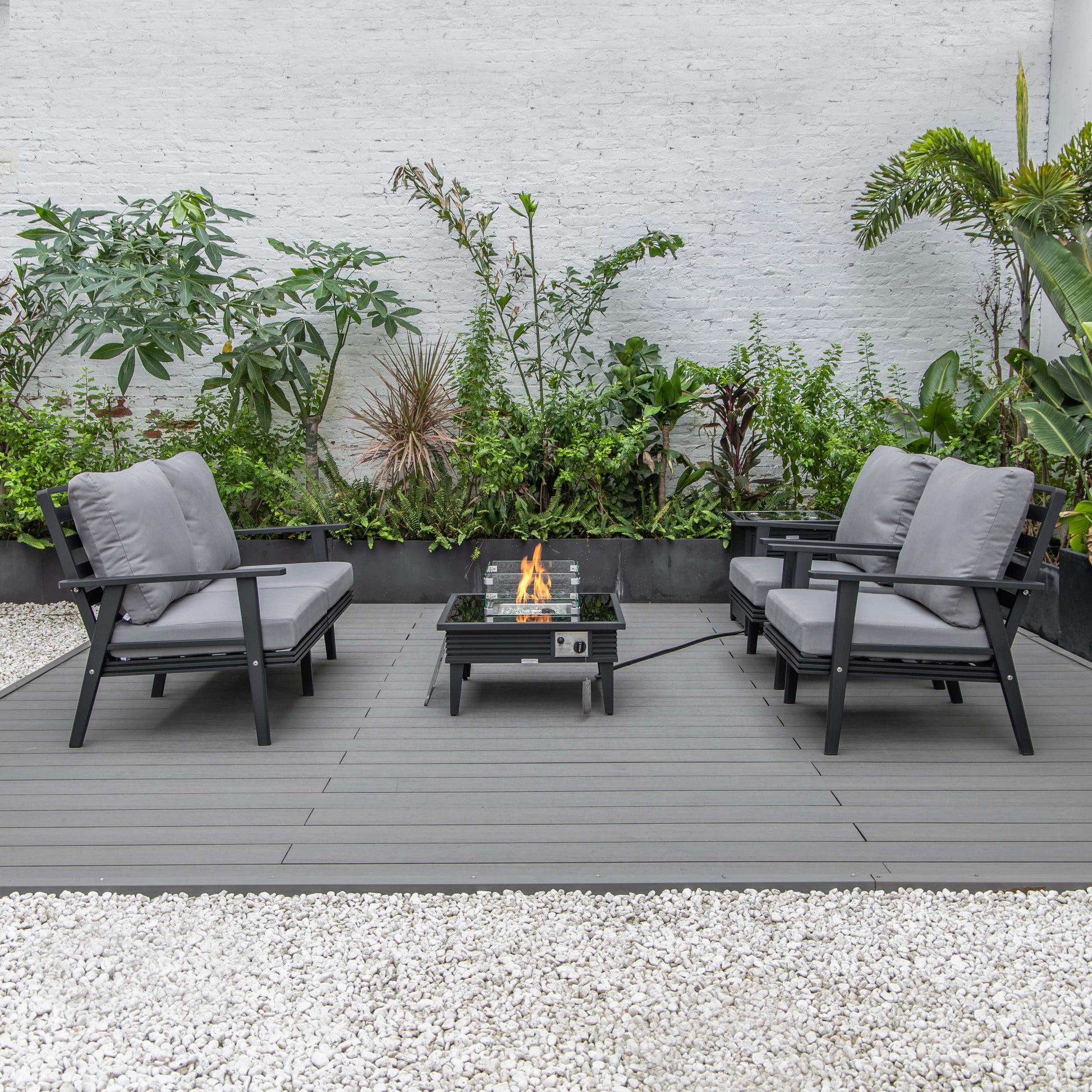 LeisureMod Walbrooke Modern Black Patio Conversation With Square Fire Pit With Slats Design & Tank Holder | Outdoor Sofas, Loveseats & Sectionals | Modishstore - 71