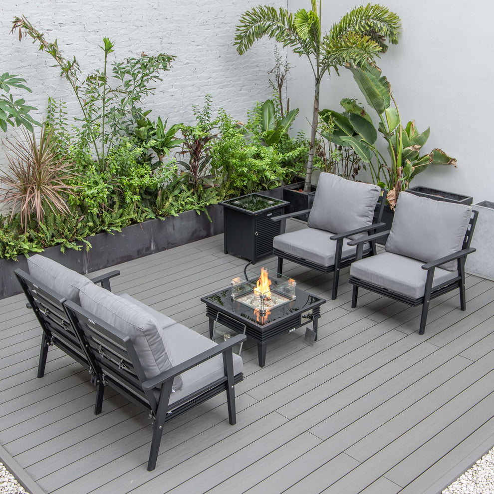 LeisureMod Walbrooke Modern Black Patio Conversation With Square Fire Pit With Slats Design & Tank Holder | Outdoor Sofas, Loveseats & Sectionals | Modishstore - 70