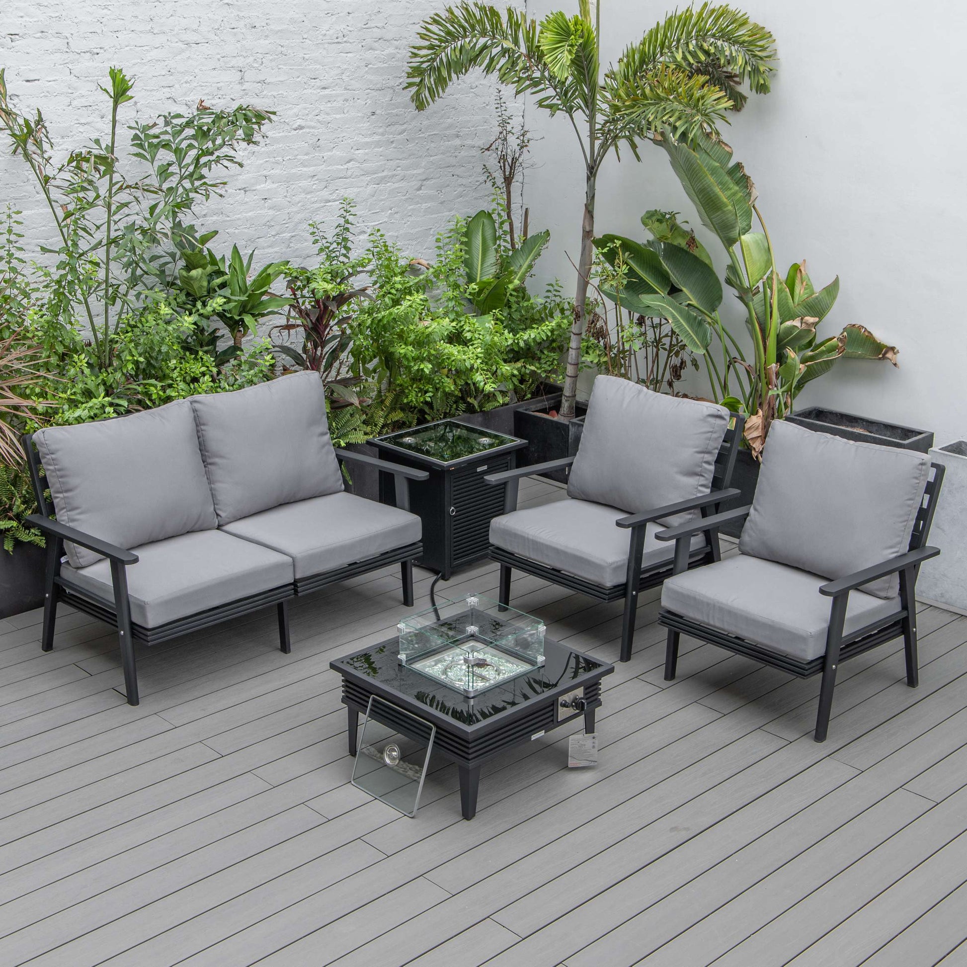 LeisureMod Walbrooke Modern Black Patio Conversation With Square Fire Pit With Slats Design & Tank Holder | Outdoor Sofas, Loveseats & Sectionals | Modishstore - 72