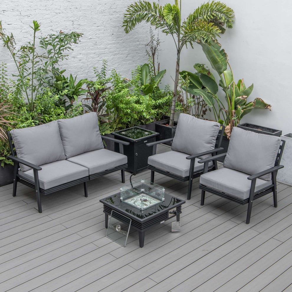 LeisureMod Walbrooke Modern Black Patio Conversation With Square Fire Pit With Slats Design & Tank Holder | Outdoor Sofas, Loveseats & Sectionals | Modishstore - 72