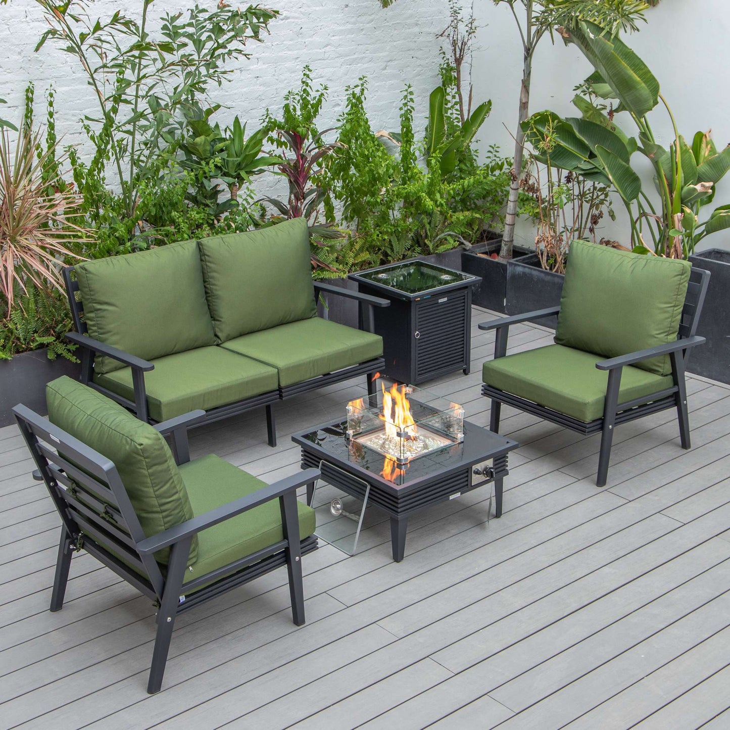 LeisureMod Walbrooke Modern Black Patio Conversation With Square Fire Pit With Slats Design & Tank Holder | Outdoor Sofas, Loveseats & Sectionals | Modishstore - 43