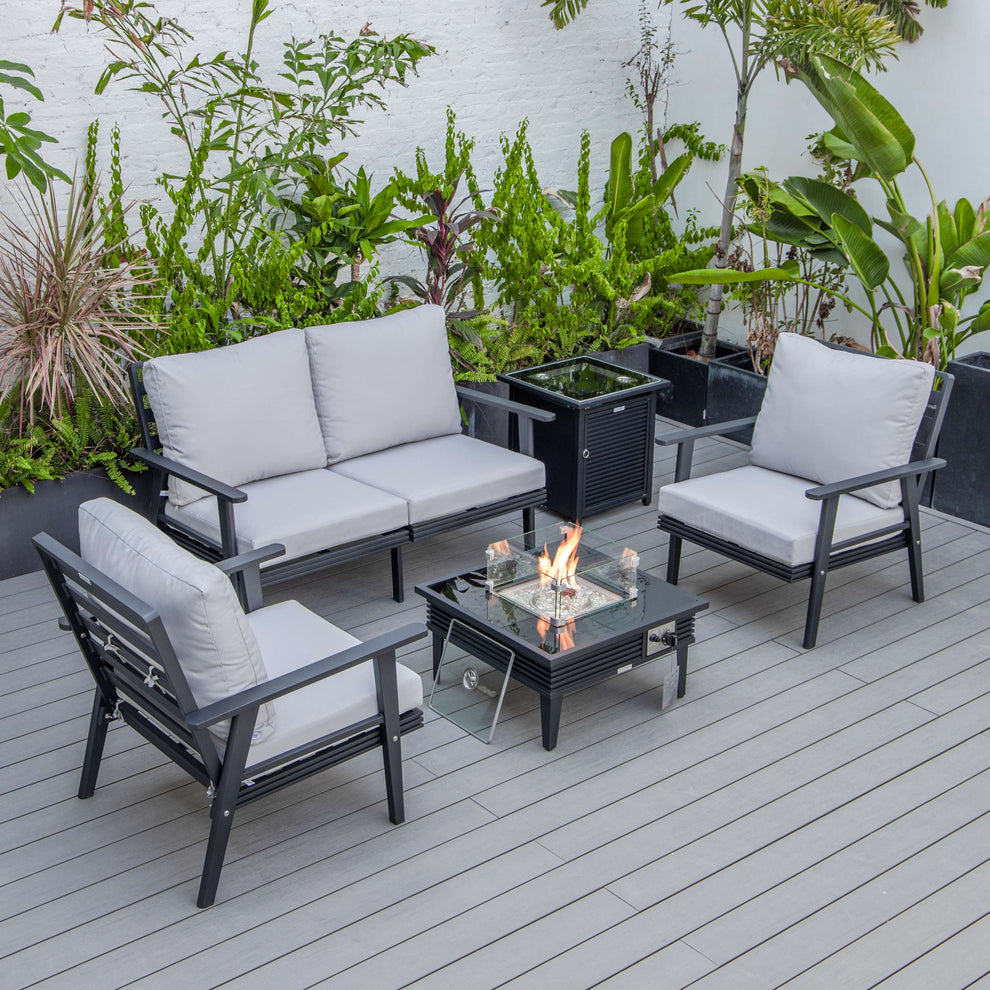 LeisureMod Walbrooke Modern Black Patio Conversation With Square Fire Pit With Slats Design & Tank Holder | Outdoor Sofas, Loveseats & Sectionals | Modishstore - 54