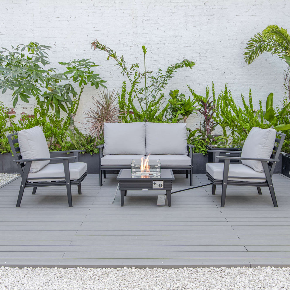 LeisureMod Walbrooke Modern Black Patio Conversation With Square Fire Pit With Slats Design & Tank Holder | Outdoor Sofas, Loveseats & Sectionals | Modishstore - 50