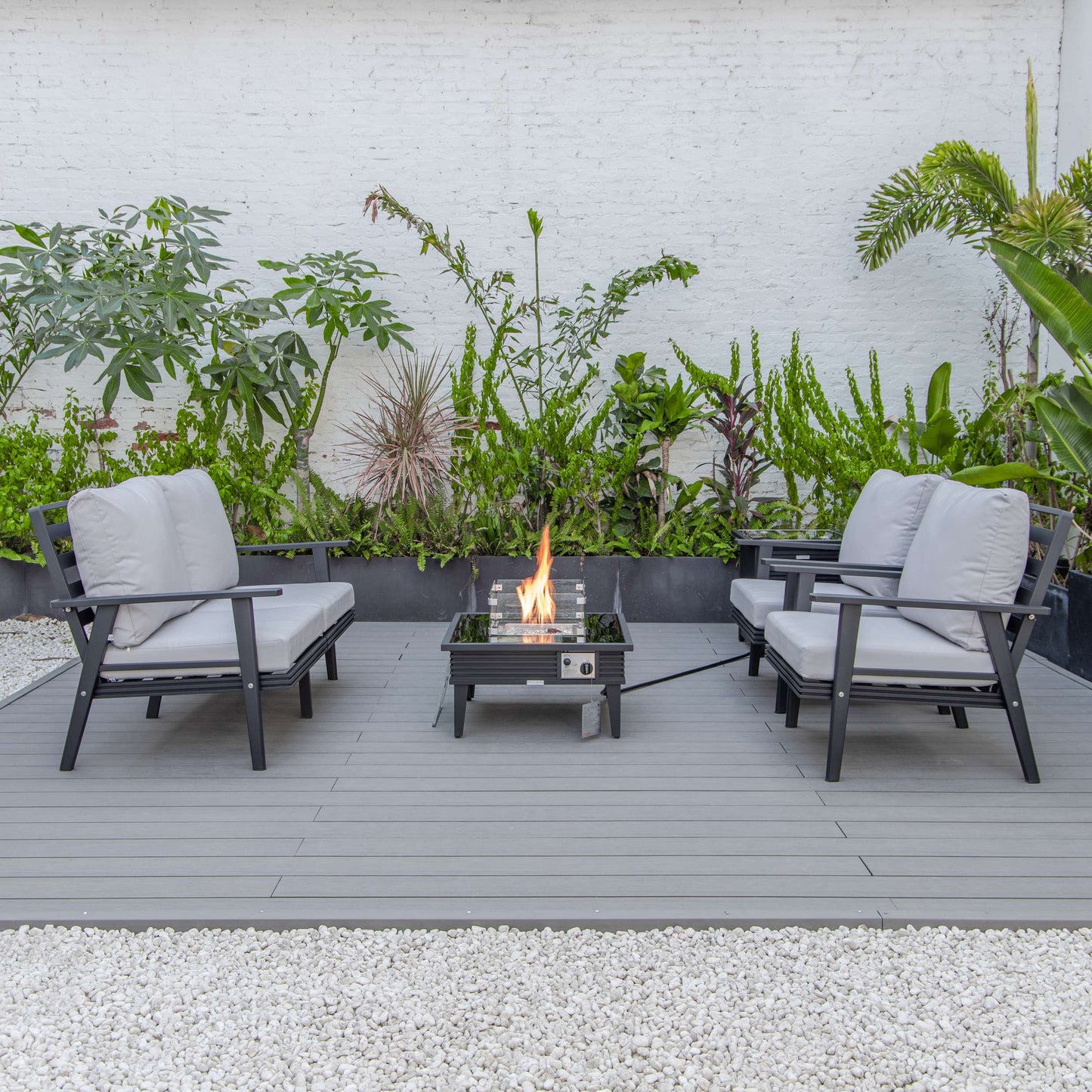 LeisureMod Walbrooke Modern Black Patio Conversation With Square Fire Pit With Slats Design & Tank Holder | Outdoor Sofas, Loveseats & Sectionals | Modishstore - 52