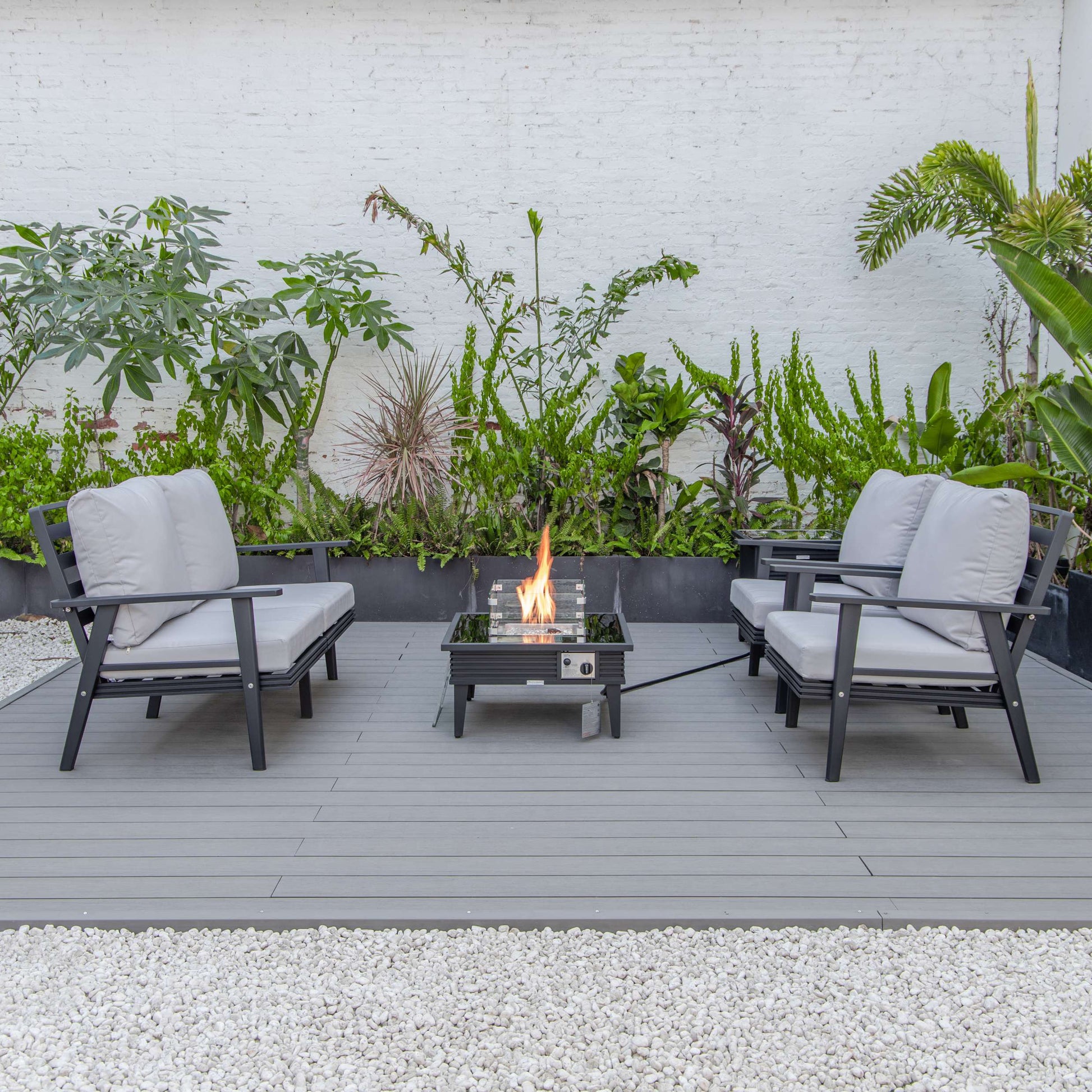 LeisureMod Walbrooke Modern Black Patio Conversation With Square Fire Pit With Slats Design & Tank Holder | Outdoor Sofas, Loveseats & Sectionals | Modishstore - 52