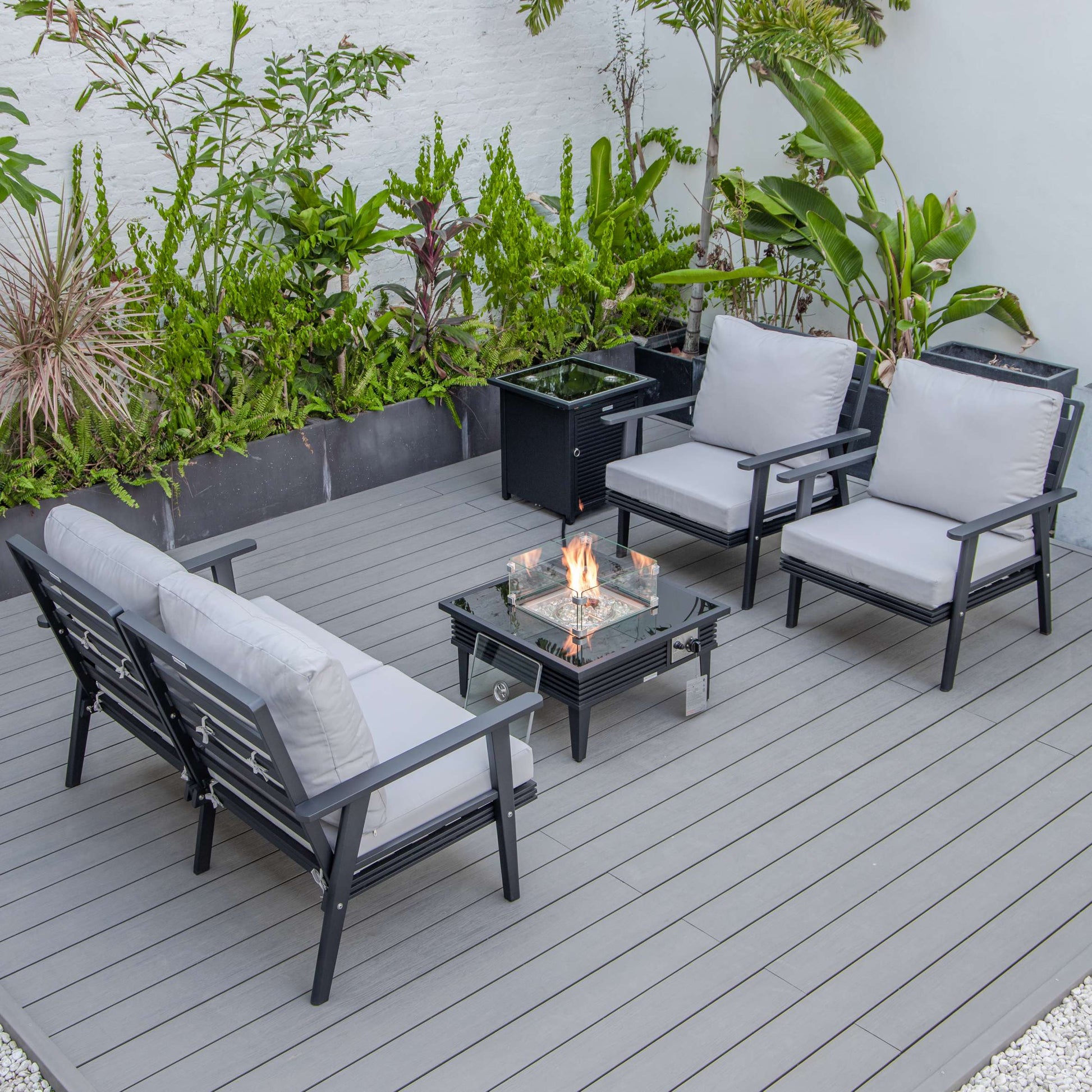 LeisureMod Walbrooke Modern Black Patio Conversation With Square Fire Pit With Slats Design & Tank Holder | Outdoor Sofas, Loveseats & Sectionals | Modishstore - 51