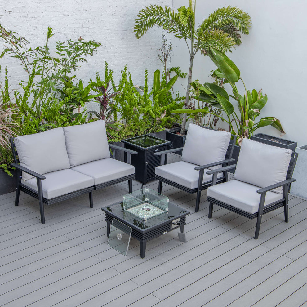 LeisureMod Walbrooke Modern Black Patio Conversation With Square Fire Pit With Slats Design & Tank Holder | Outdoor Sofas, Loveseats & Sectionals | Modishstore - 53