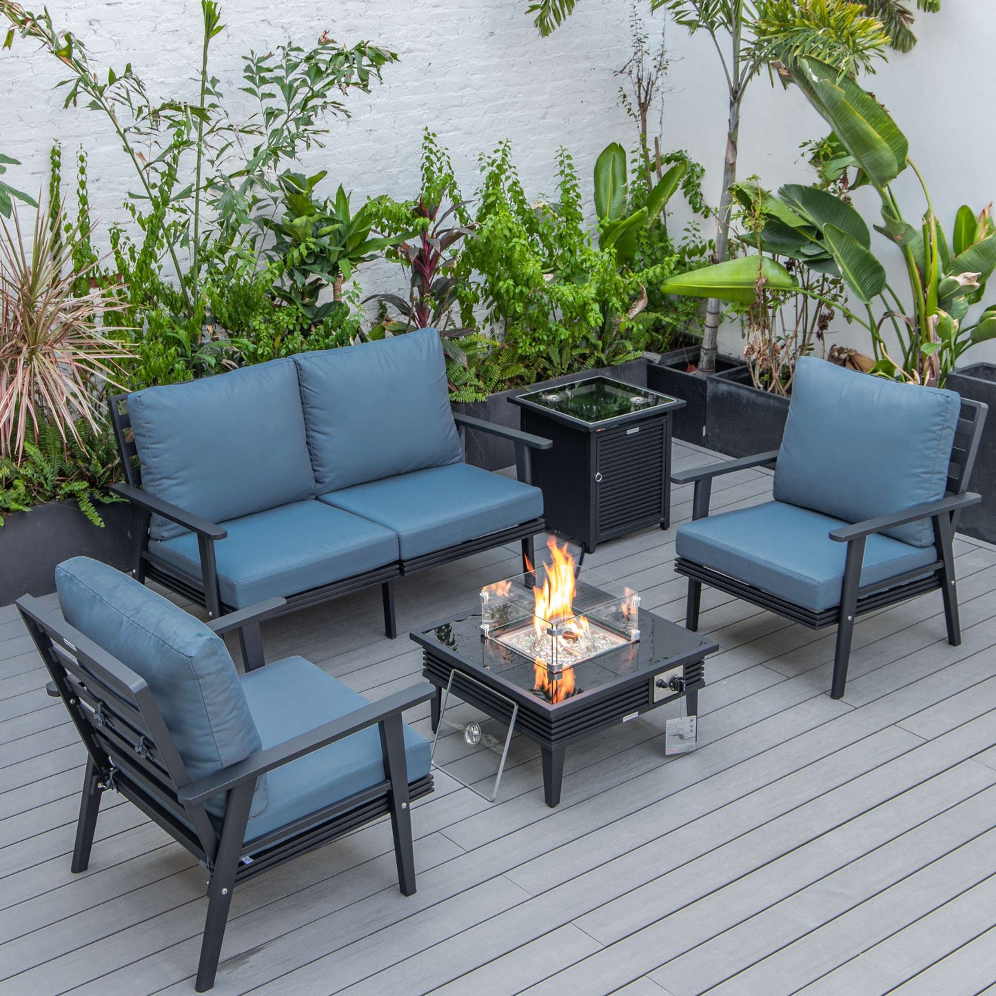 LeisureMod Walbrooke Modern Black Patio Conversation With Square Fire Pit With Slats Design & Tank Holder | Outdoor Sofas, Loveseats & Sectionals | Modishstore - 24
