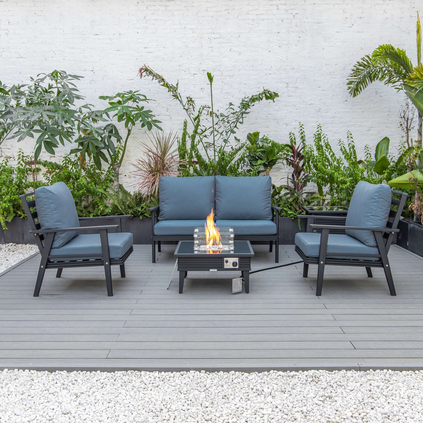 LeisureMod Walbrooke Modern Black Patio Conversation With Square Fire Pit With Slats Design & Tank Holder | Outdoor Sofas, Loveseats & Sectionals | Modishstore - 20