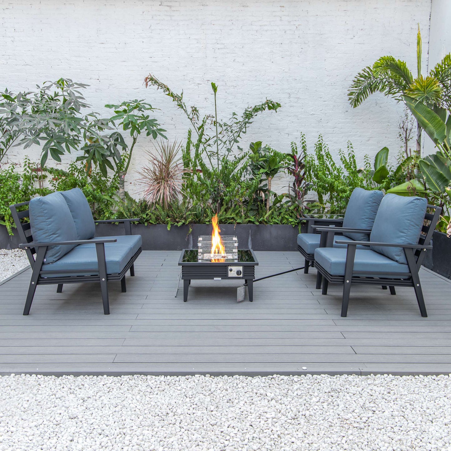 LeisureMod Walbrooke Modern Black Patio Conversation With Square Fire Pit With Slats Design & Tank Holder | Outdoor Sofas, Loveseats & Sectionals | Modishstore - 21