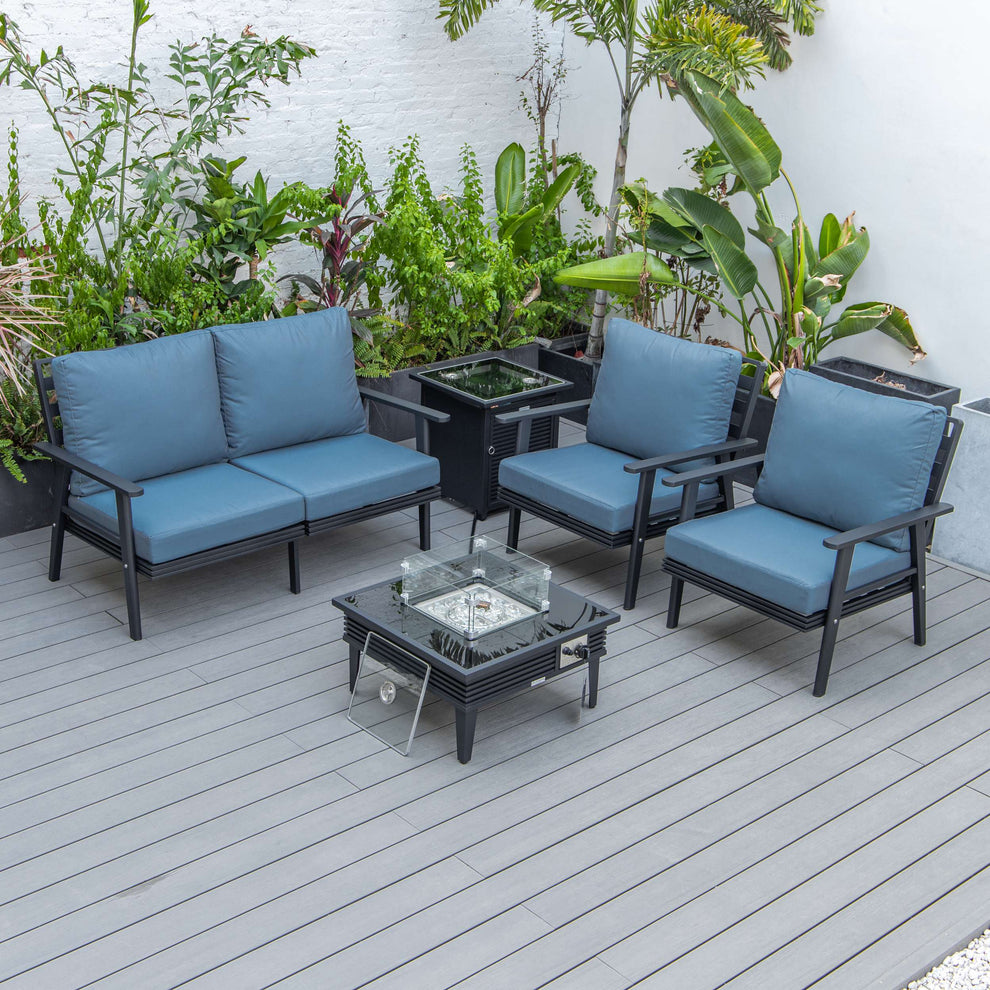 LeisureMod Walbrooke Modern Black Patio Conversation With Square Fire Pit With Slats Design & Tank Holder | Outdoor Sofas, Loveseats & Sectionals | Modishstore - 23