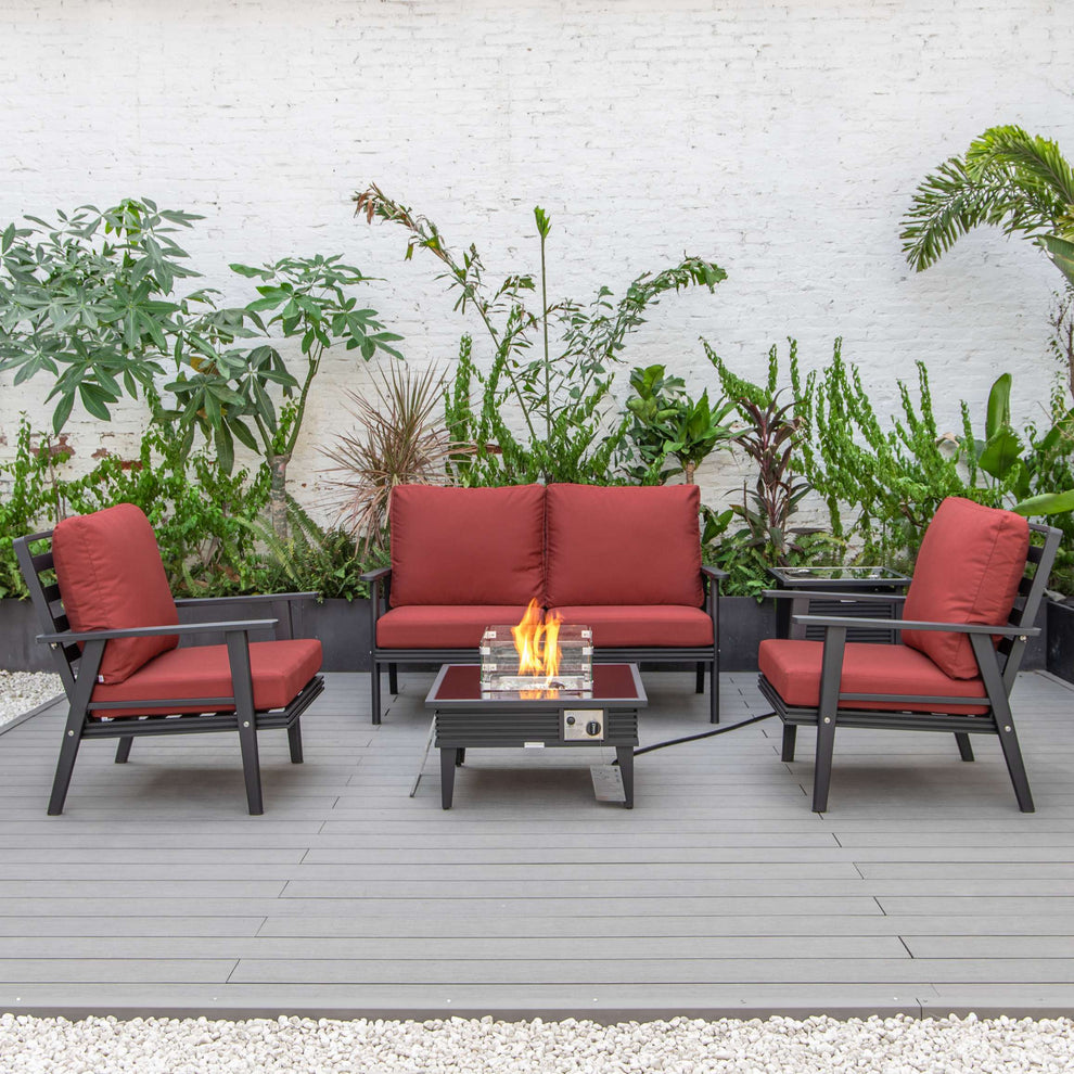 LeisureMod Walbrooke Modern Black Patio Conversation With Square Fire Pit With Slats Design & Tank Holder | Outdoor Sofas, Loveseats & Sectionals | Modishstore - 88
