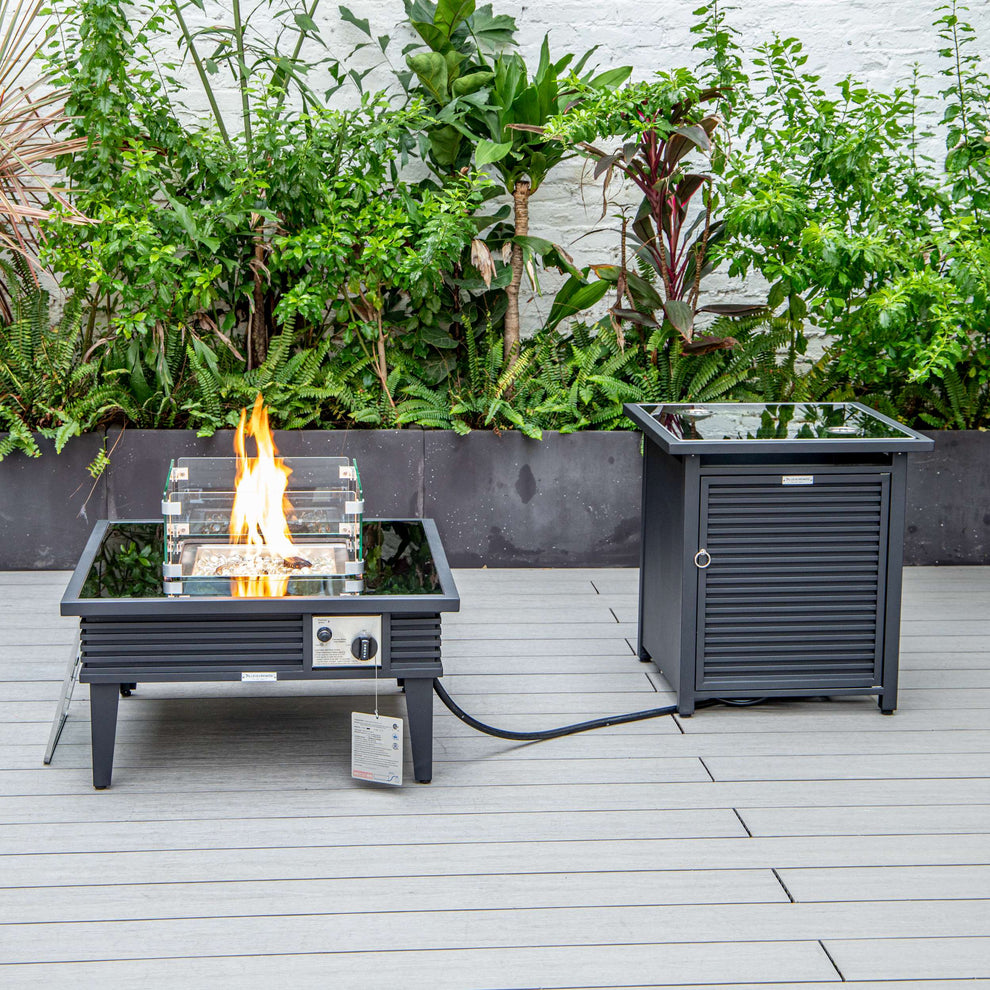 LeisureMod Walbrooke Modern Black Patio Conversation With Square Fire Pit With Slats Design & Tank Holder | Outdoor Sofas, Loveseats & Sectionals | Modishstore - 105
