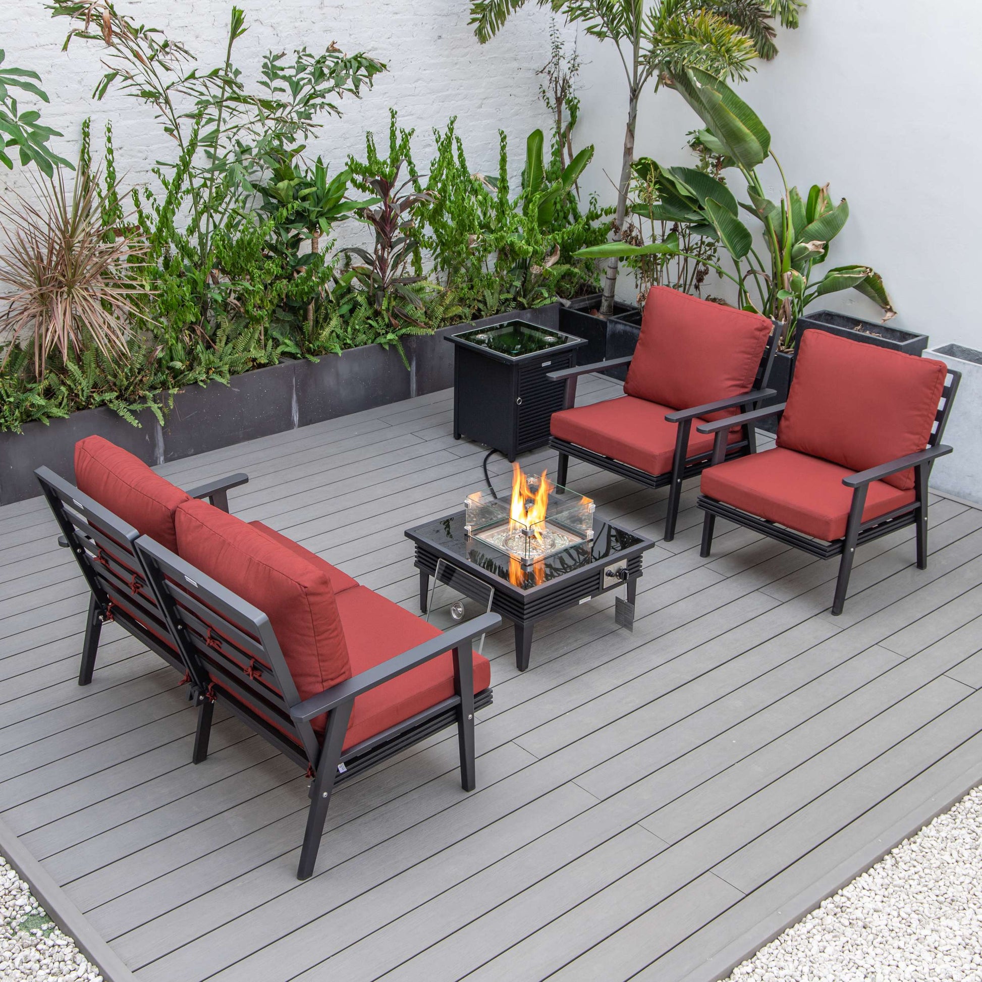 LeisureMod Walbrooke Modern Black Patio Conversation With Square Fire Pit With Slats Design & Tank Holder | Outdoor Sofas, Loveseats & Sectionals | Modishstore - 90