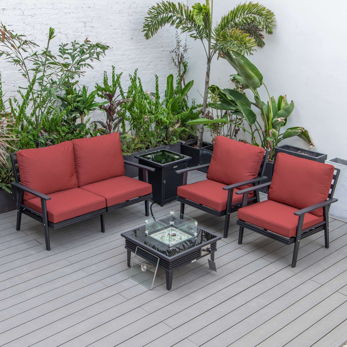 LeisureMod Walbrooke Modern Black Patio Conversation With Square Fire Pit With Slats Design & Tank Holder | Outdoor Sofas, Loveseats & Sectionals | Modishstore - 91